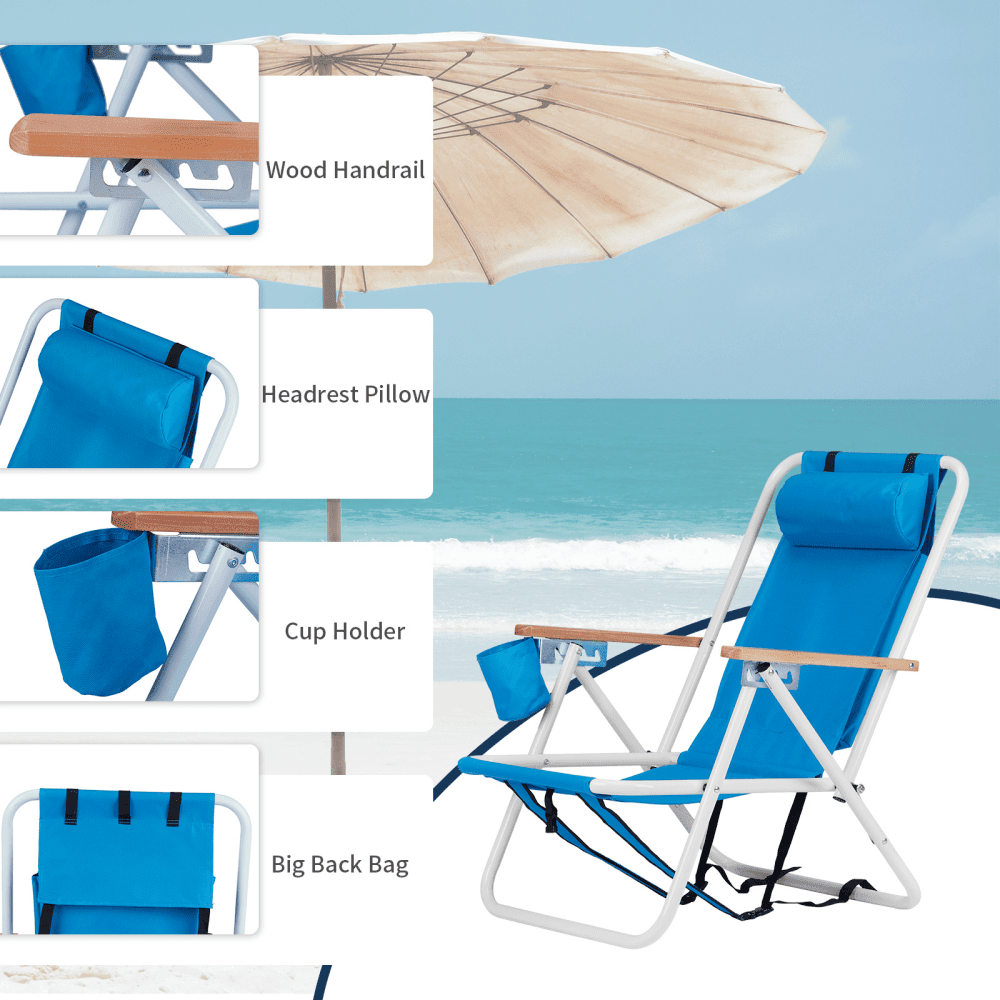 Tcbosik Folding Beach Chairs with 4-Position Adjustable Backrest and Cup Holder (Blue, Set of 2) mnnk6