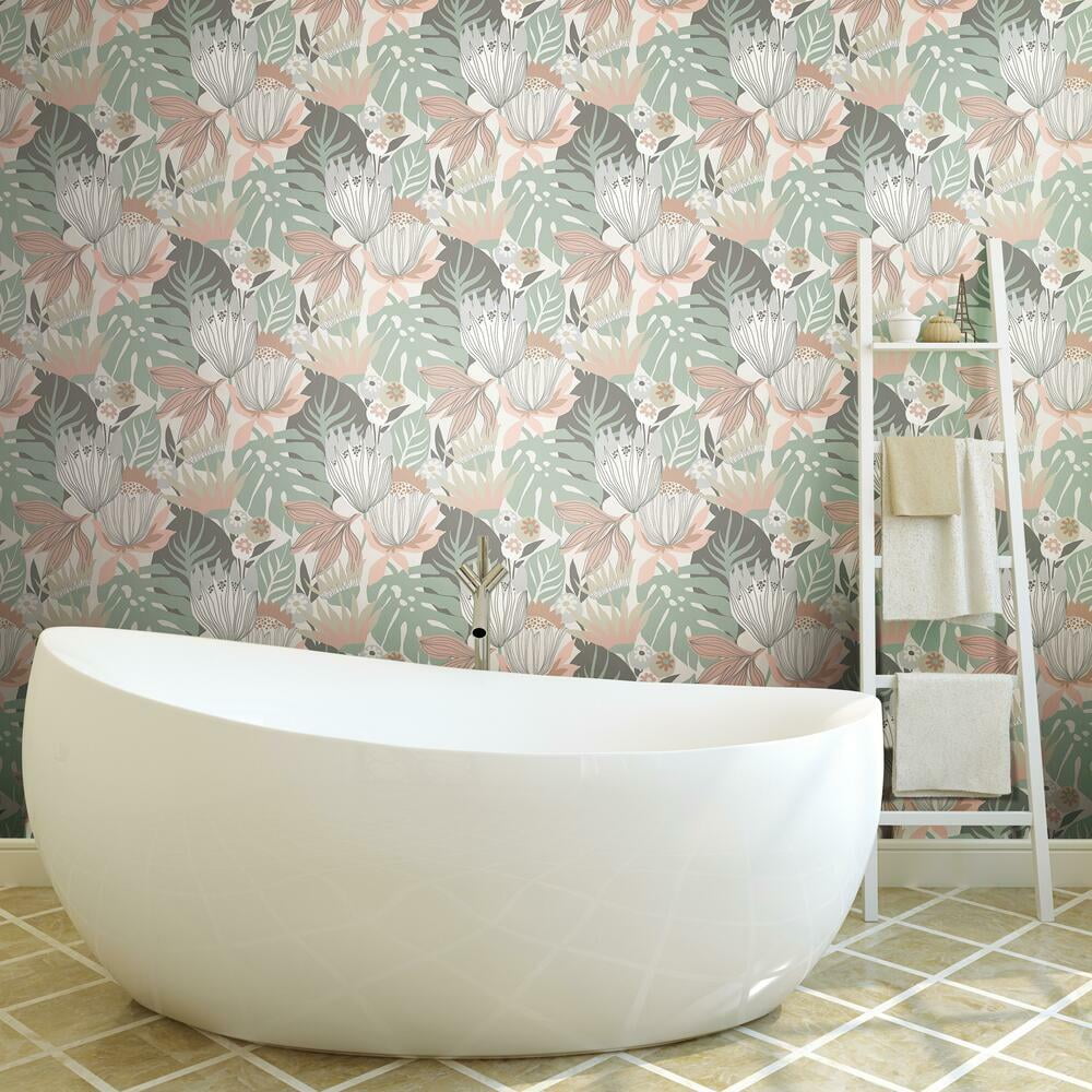 RoomMates Retro Tropical Leaves Peel and Stick Wallpaper (Pink, 20.5 in x 16.5 ft) jncuq