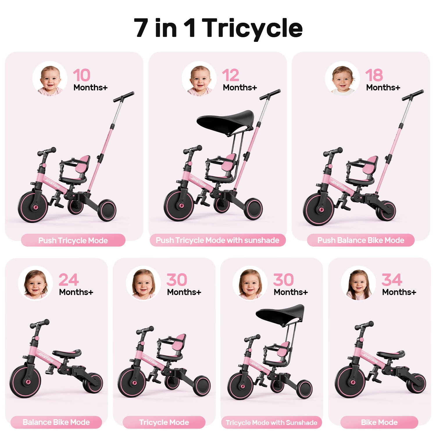 JoyStone 7-in-1 Foldable Toddler Tricycle and Balance Bike with Parental Control Handle and Adjustable Canopy (Pink) p8g8q