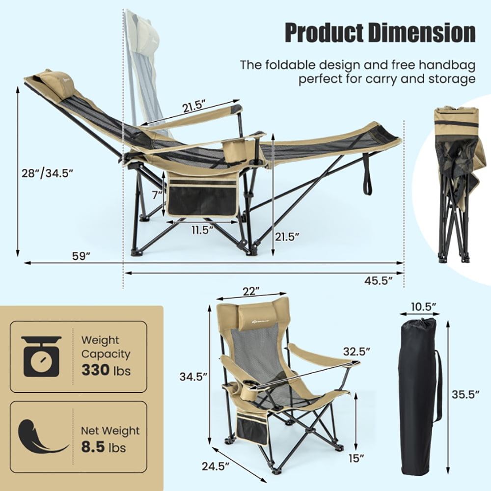 Barara King Folding Camping Lounge Chair with Detachable Footrest and Adjustable Backrest (Khaki, One Size) r4nmc