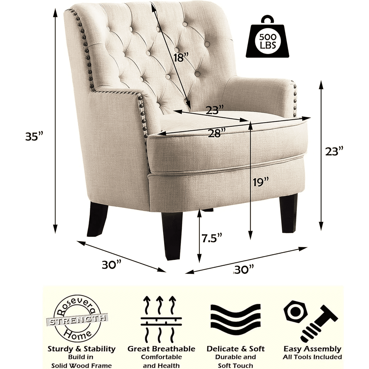 Shengchao Trade Velvet Upholstered Club Chair, Tufted Wingback Barrel Accent Chair with Nailhead Trim (Beige, 34.5 in H) 6a68i