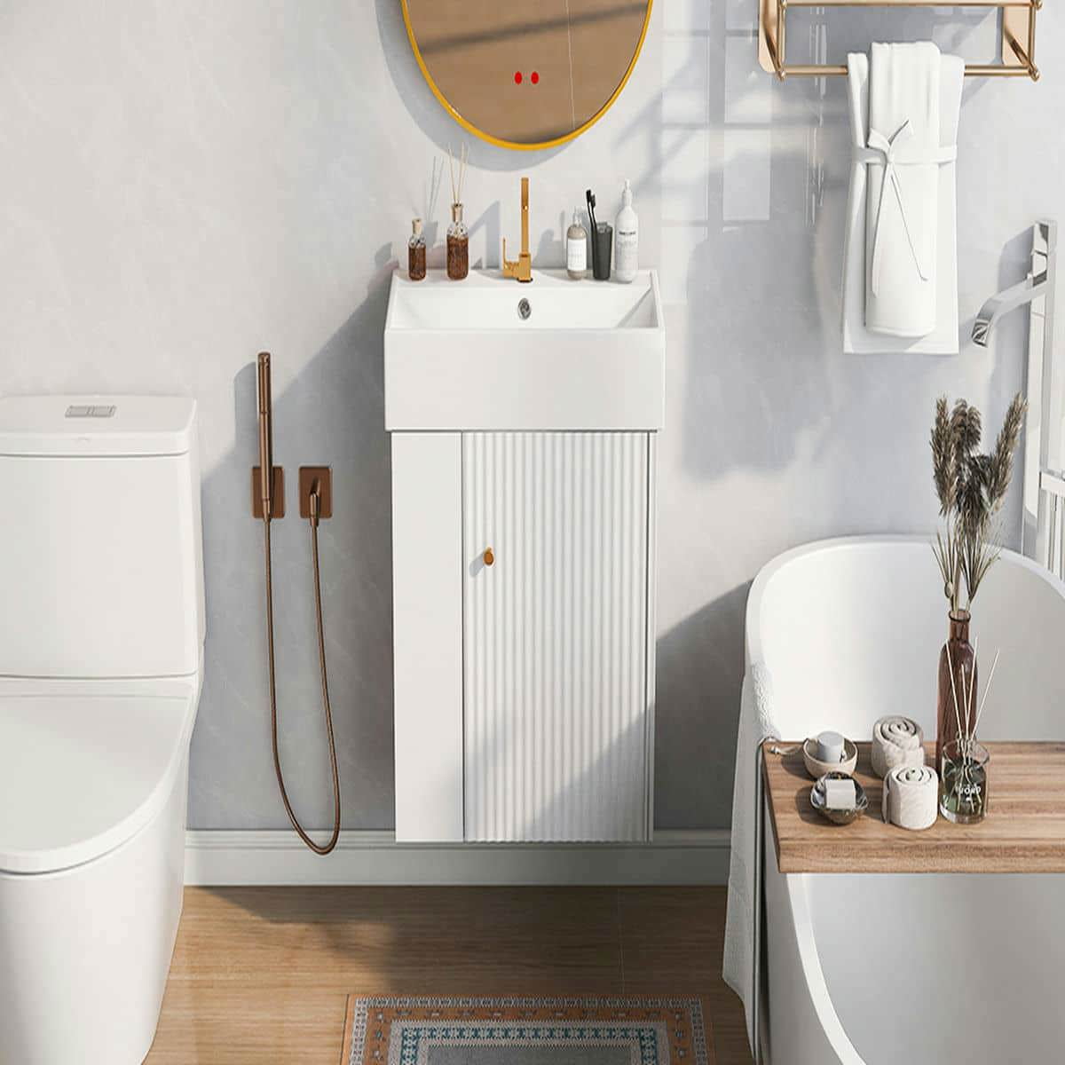 Kadyn Wall-Mount Bathroom Vanity, Modern Floating Vanity with Ceramic Basin and Left Side Storage (White, 21.6 in) 71b1h