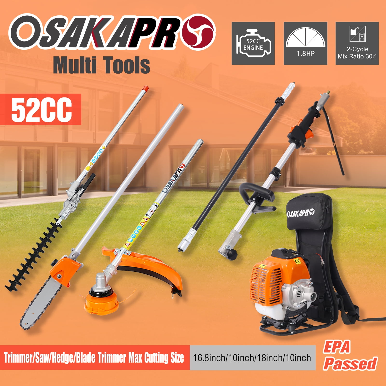 POWANLI 4-in-1 Gas Garden Tool System, Multi-Functional Backpack Trimmer with Hedge Trimmer, Pole Saw, Grass Trimmer, and Brush Cutter (52cc, 1 Pack) 4a5ed