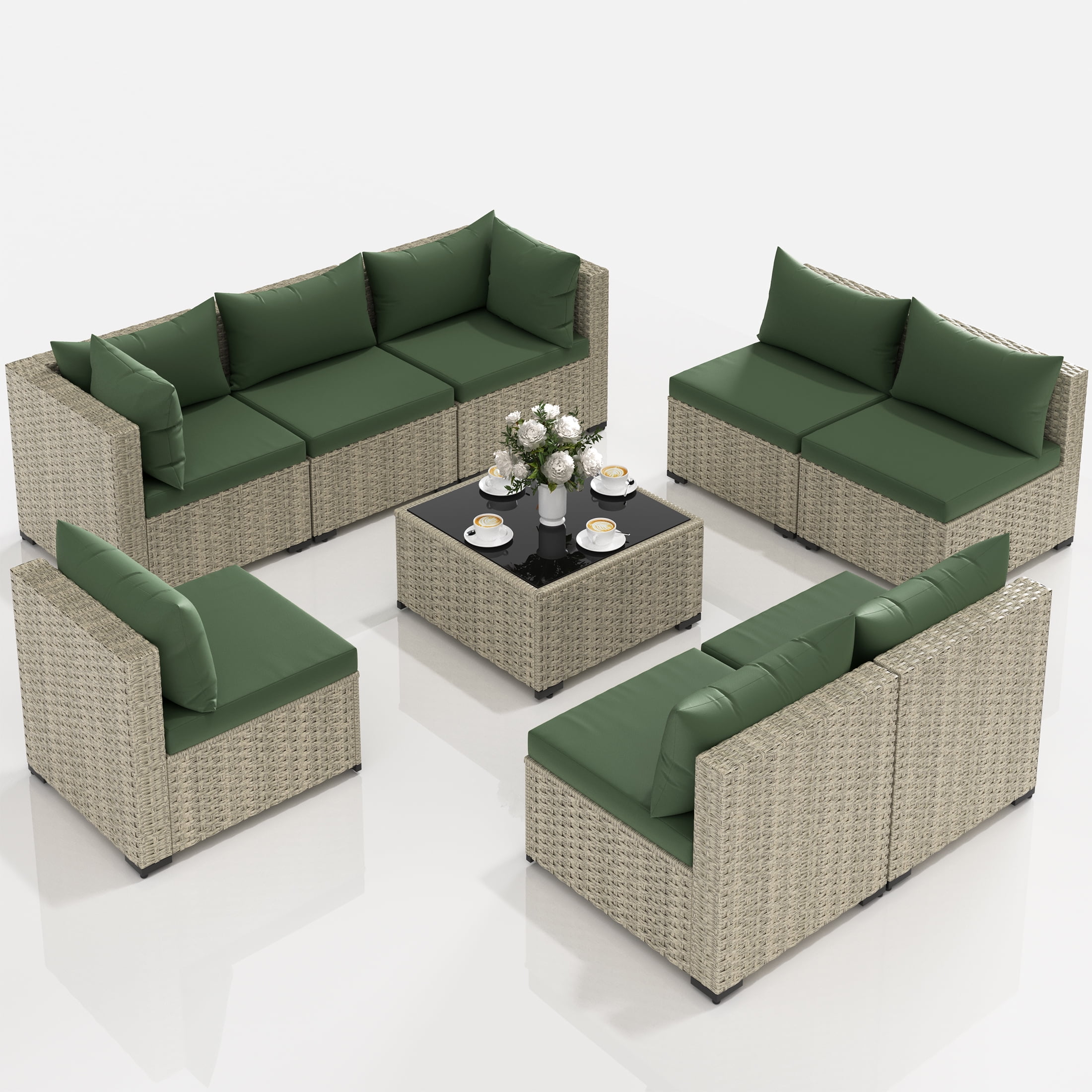 UDPATIO 9-Piece Outdoor Wicker Patio Furniture Set with Cushions, Weather-Resistant Conversation Set for Backyard and Garden (Green) y8tz6