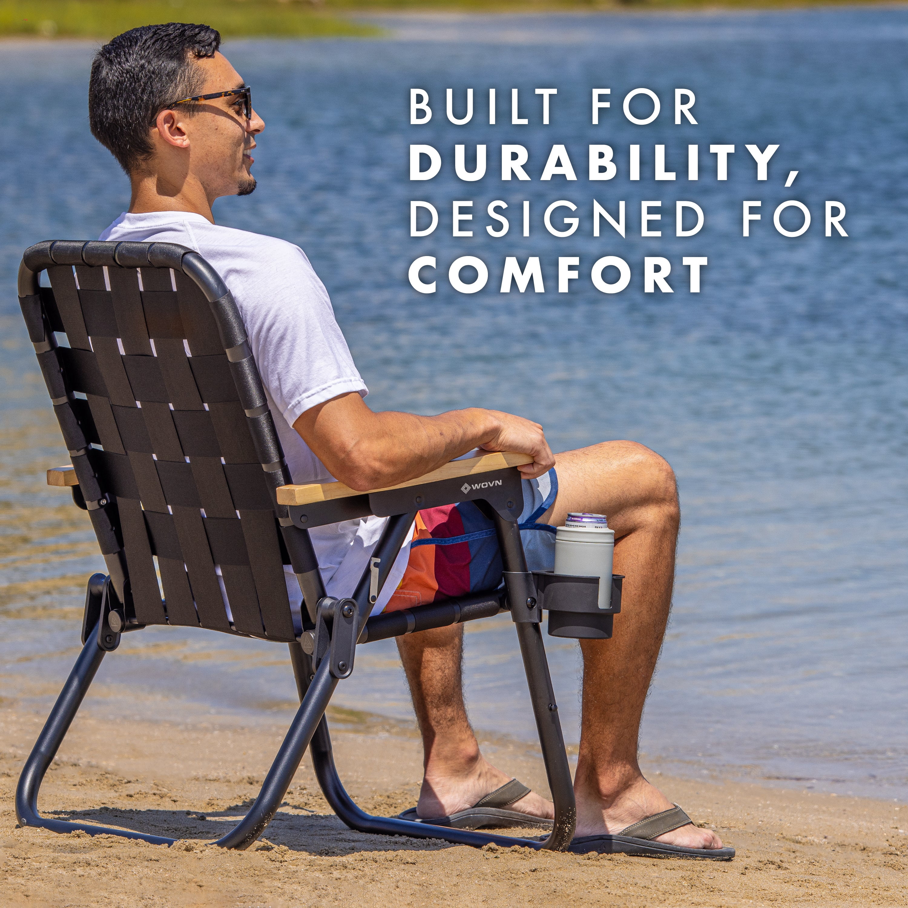 GoSports WOVN Beach Backpack Chair, Premium Folding Camping Chair with Hardwood Armrests (Black, 16 in Seat Height) ioncb