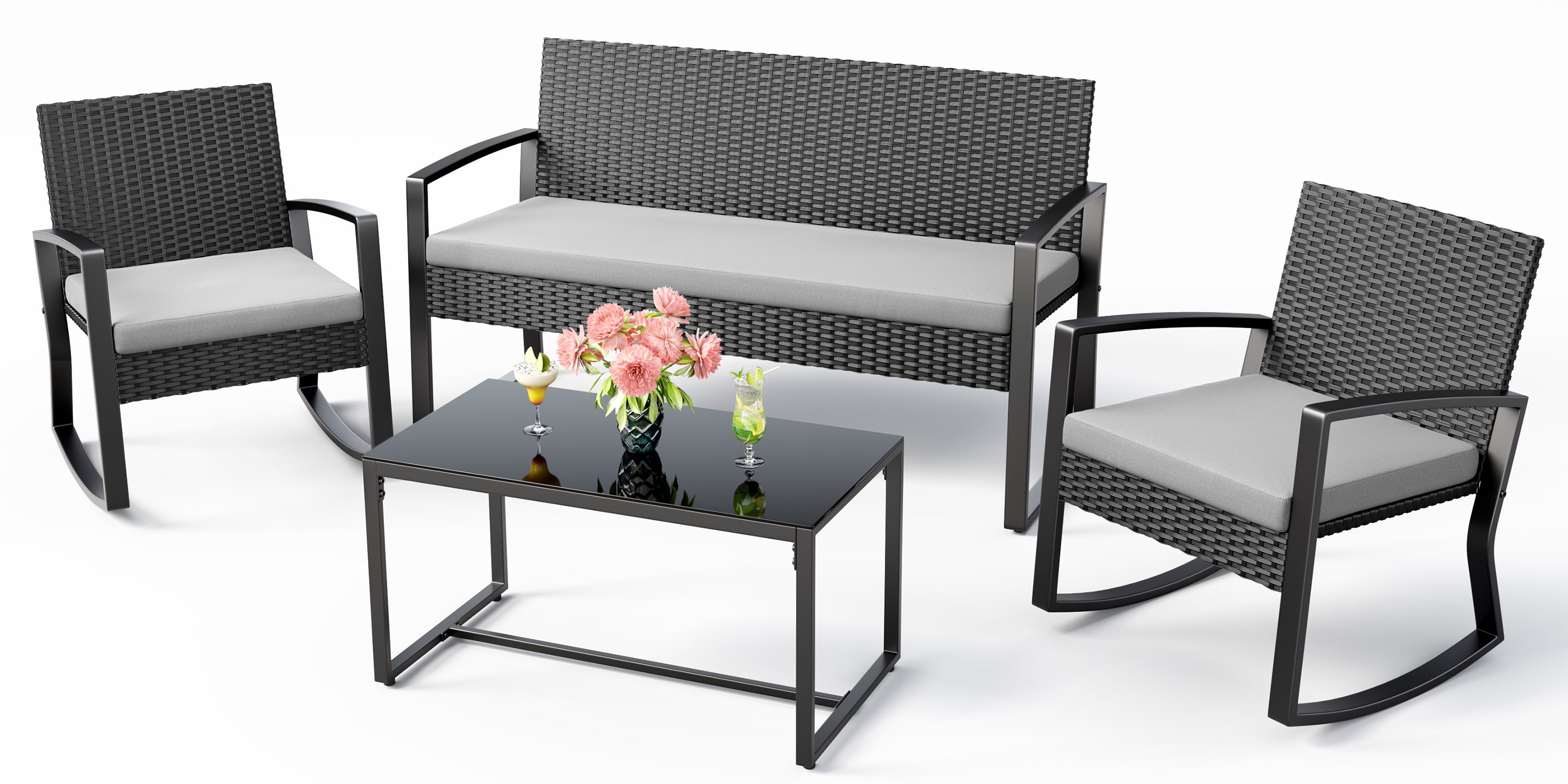Lofka Outdoor Patio Furniture Set with Wicker Chairs and Tempered Glass Table (Gray, 4-Piece Set) 3vui5