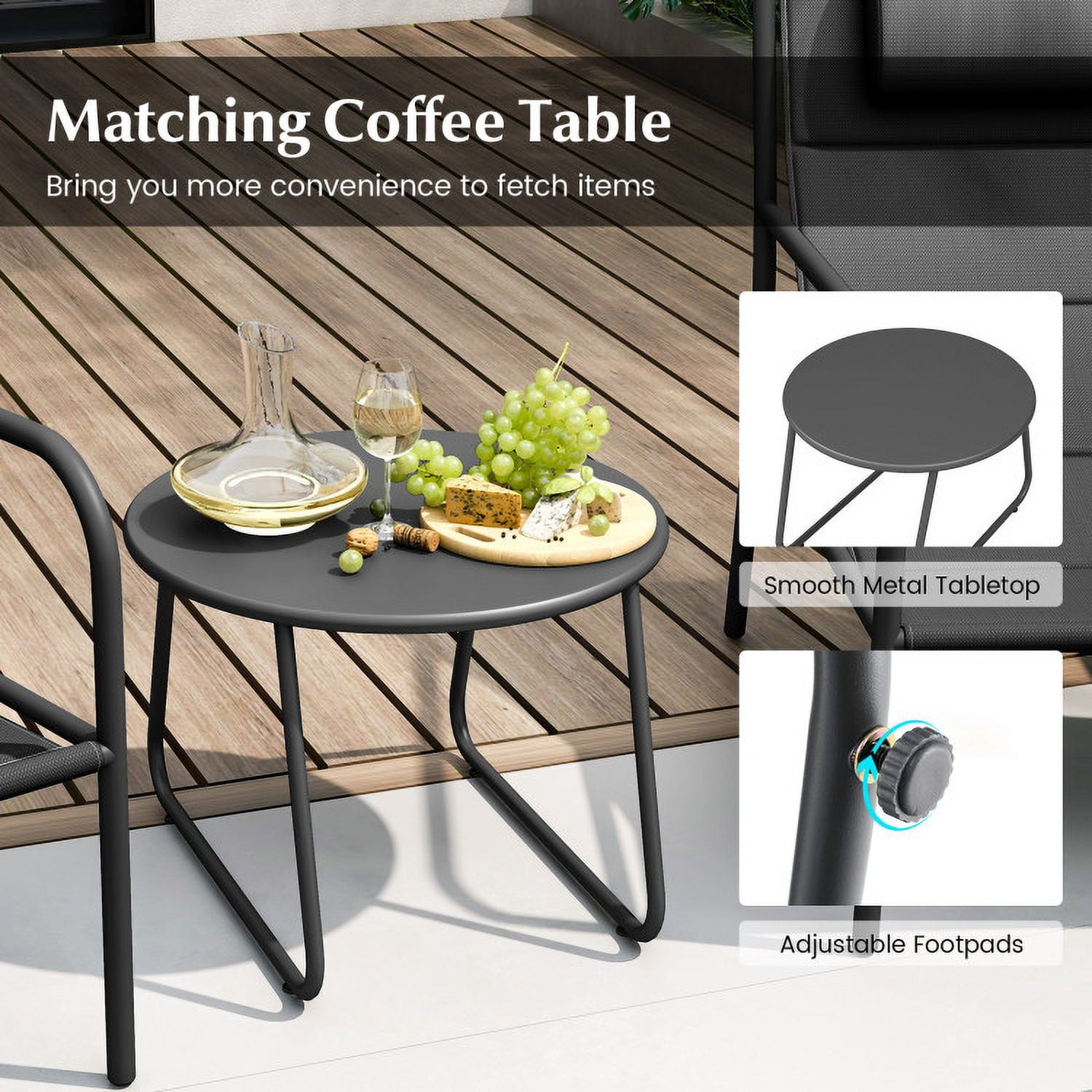 Barara King 3-Piece Outdoor Bistro Set with Metal Chairs and Coffee Table (Gray, 32 in x 24 in x 33 in) bfvqd