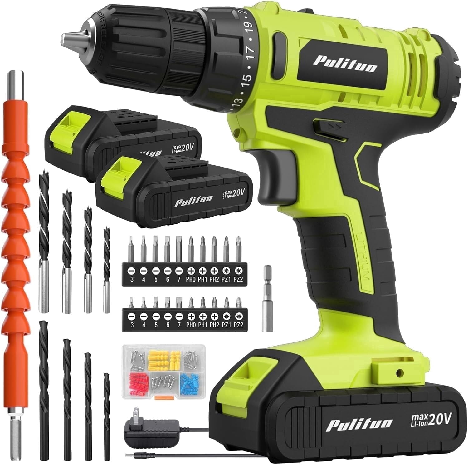 Pulituo 20V Cordless Drill Driver Kit, All-Purpose Home Repair Tool Set with 119 Pieces (Green, 119-Piece Set) gevl8