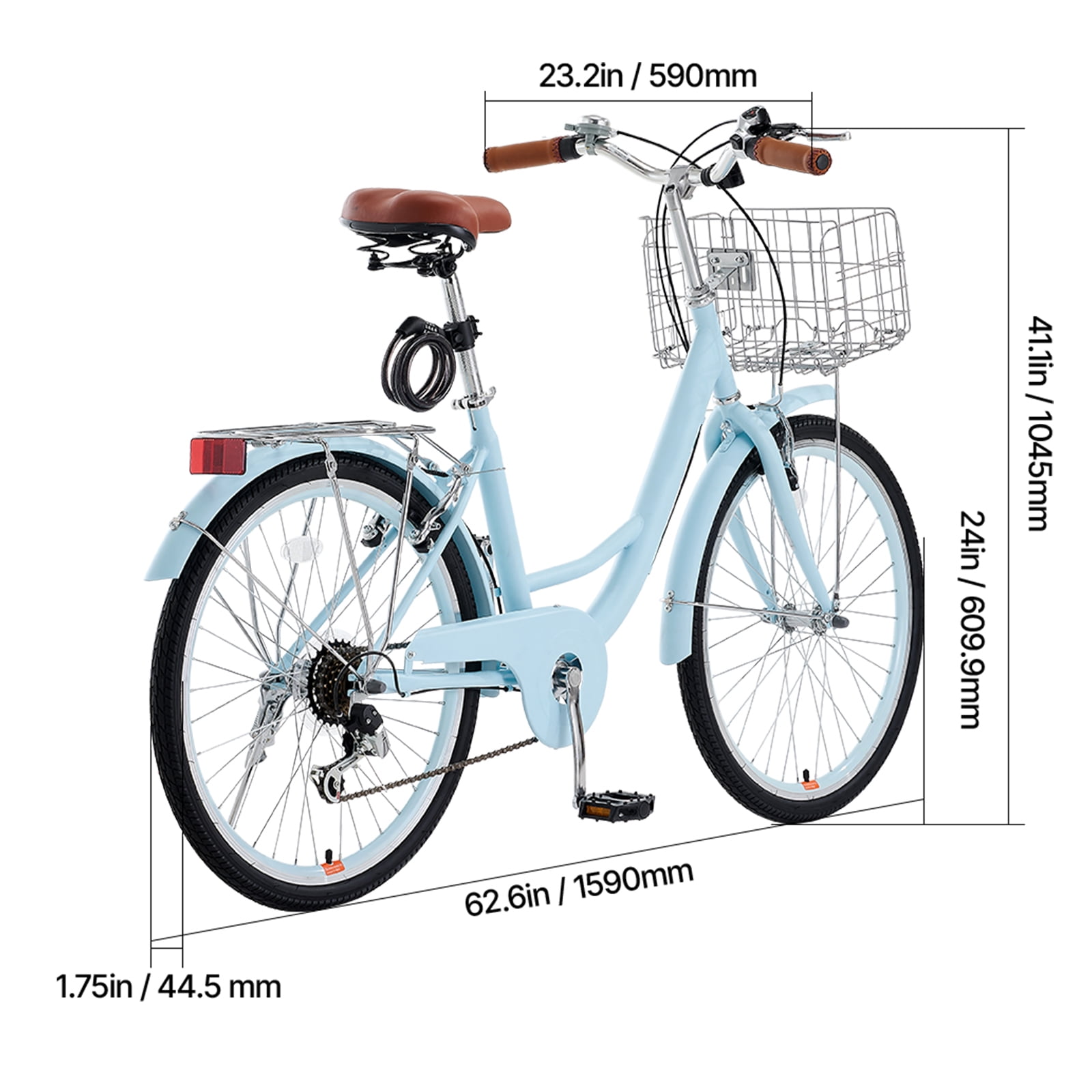 KFFKFF 24 in Cruiser Bike, 7-Speed Coastal Bicycle with Basket and Rear Rack (Sky Blue, 24 in) i47h3