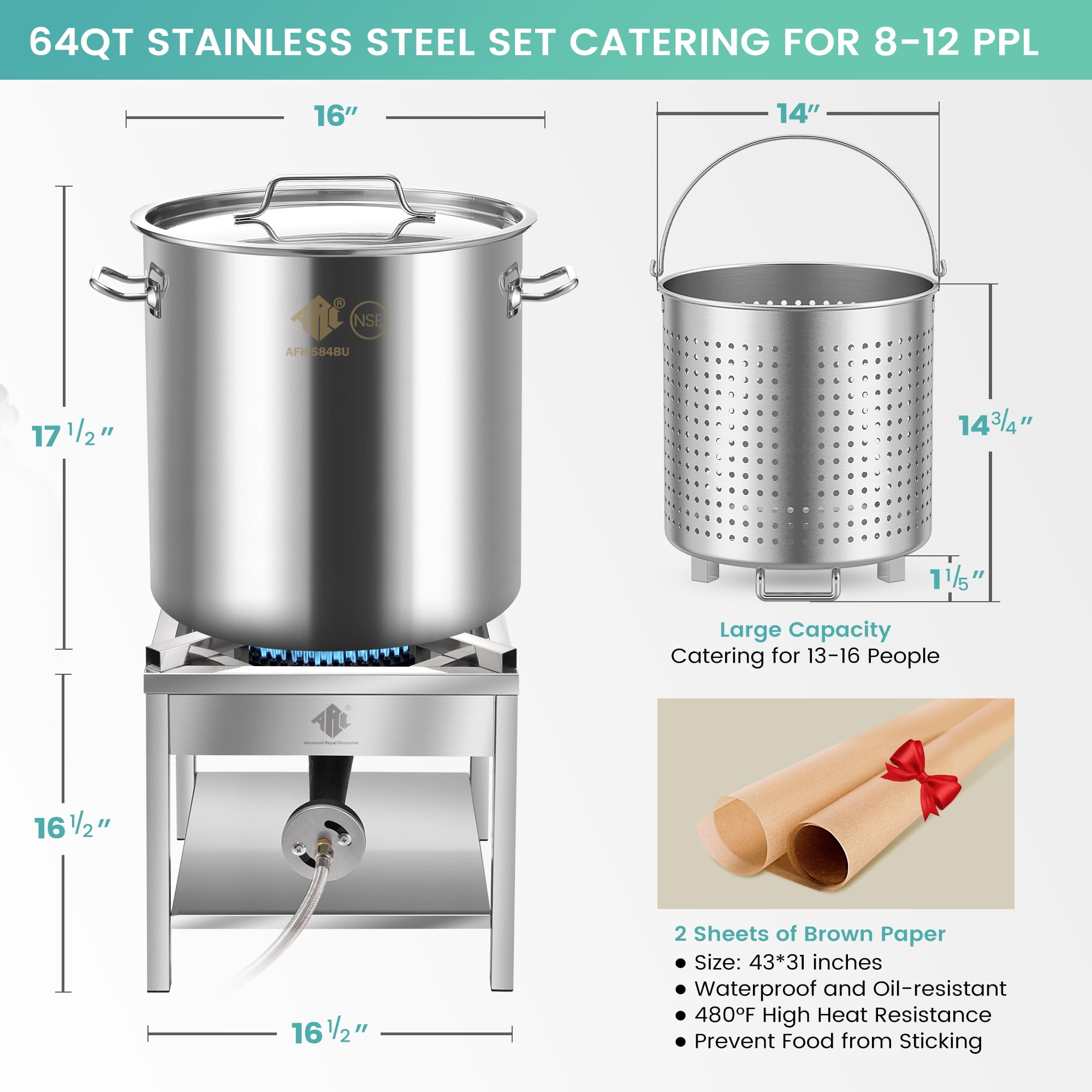 ARC USA 64QT Stainless Steel Seafood Boil Pot with 200,000BTU Propane Burner and Basket (Silver, 64QT) gb80q