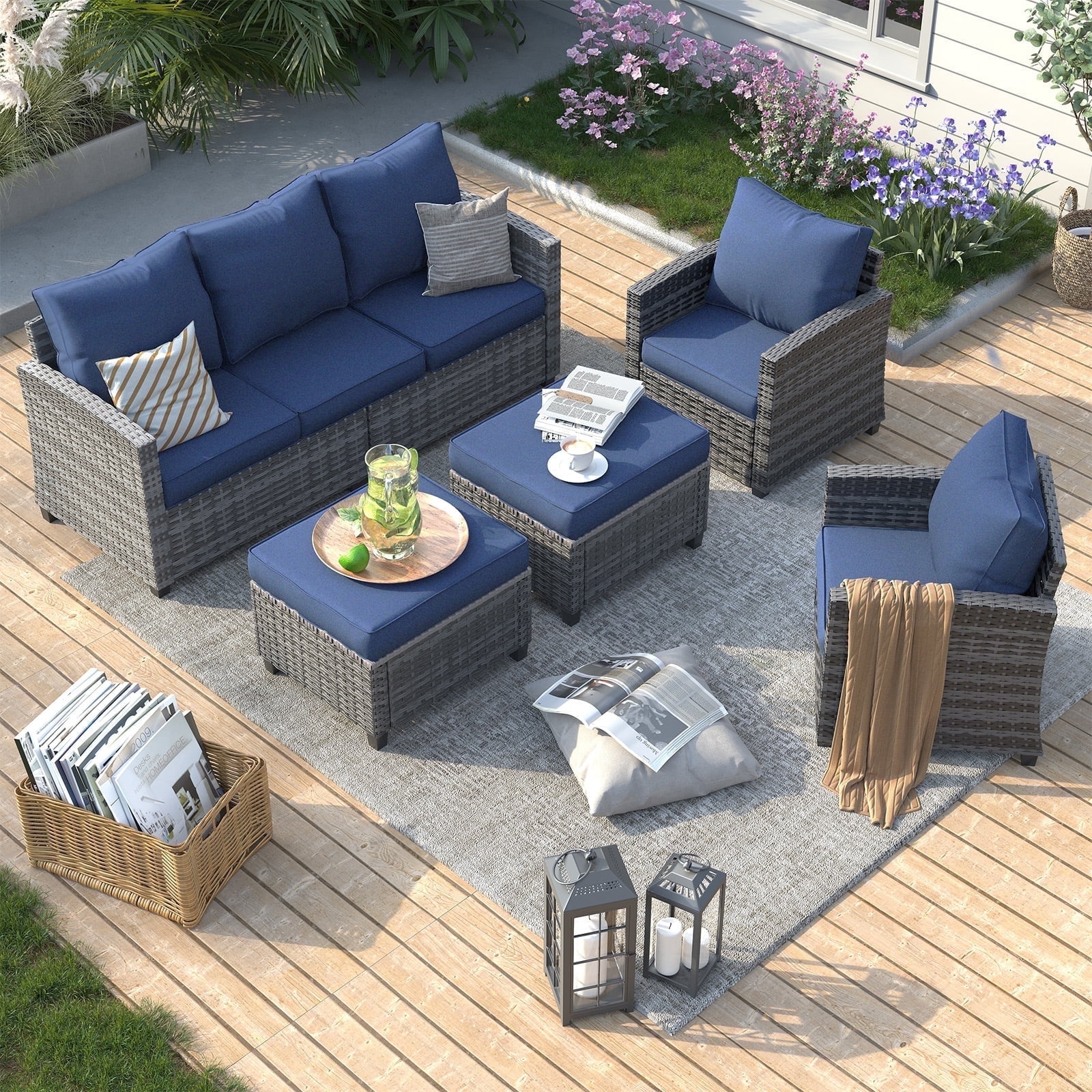 ELPOSUN 5-Piece Outdoor Patio Sectional Sofa Set, All-Weather Wicker Rattan Conversation Furniture with Ottoman (Gray Wicker, Navy Blue Cushions) d70pw