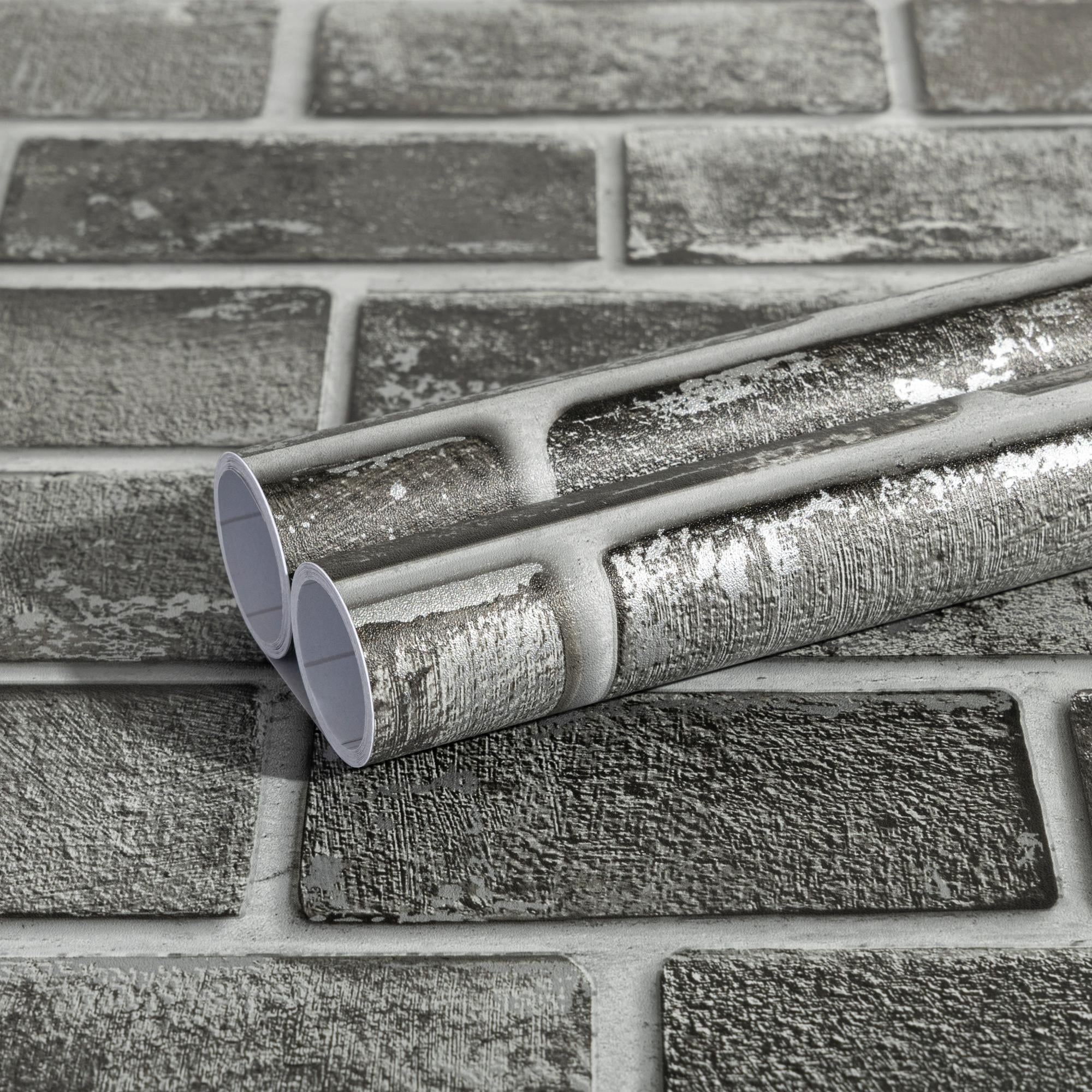 Abyssaly Peel and Stick Wallpaper, Realistic Silver-Foiled Brick Pattern, Removable Self-Adhesive Vinyl for Home Decor (Dark Gray, 17.3 in x 118 in) lv31k