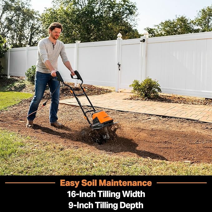 LawnMaster Electric Tiller, 12 Amp Corded Garden Cultivator with 6 Steel Tines (Green, 16 in) k3x0i