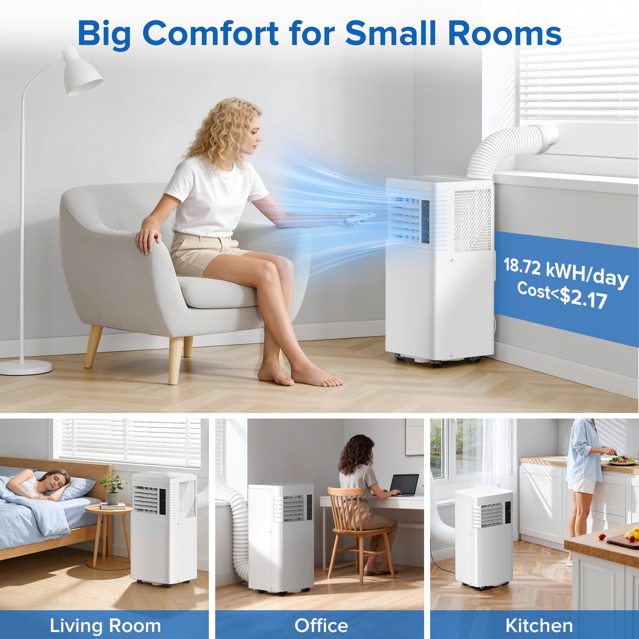 KISSAIR 8000 BTU Portable Air Conditioner, 4-in-1 Cooling Fan and Dehumidifier with Remote Control (Black, 350 sq ft) opd68