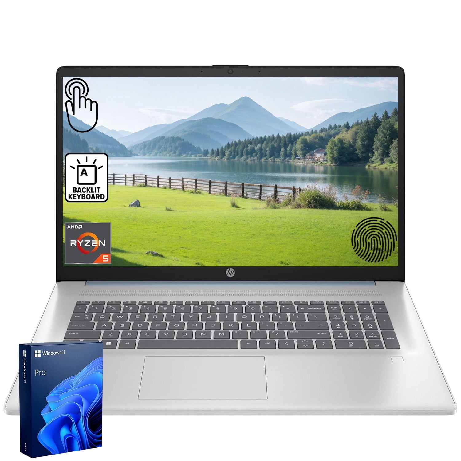 HP 17.3-inch Touchscreen Business Laptop, AMD Ryzen 5 7430U, 16GB RAM, 1TB SSD, Backlit Keyboard, Fingerprint Reader, Windows 11 Pro (Blue) jpz05