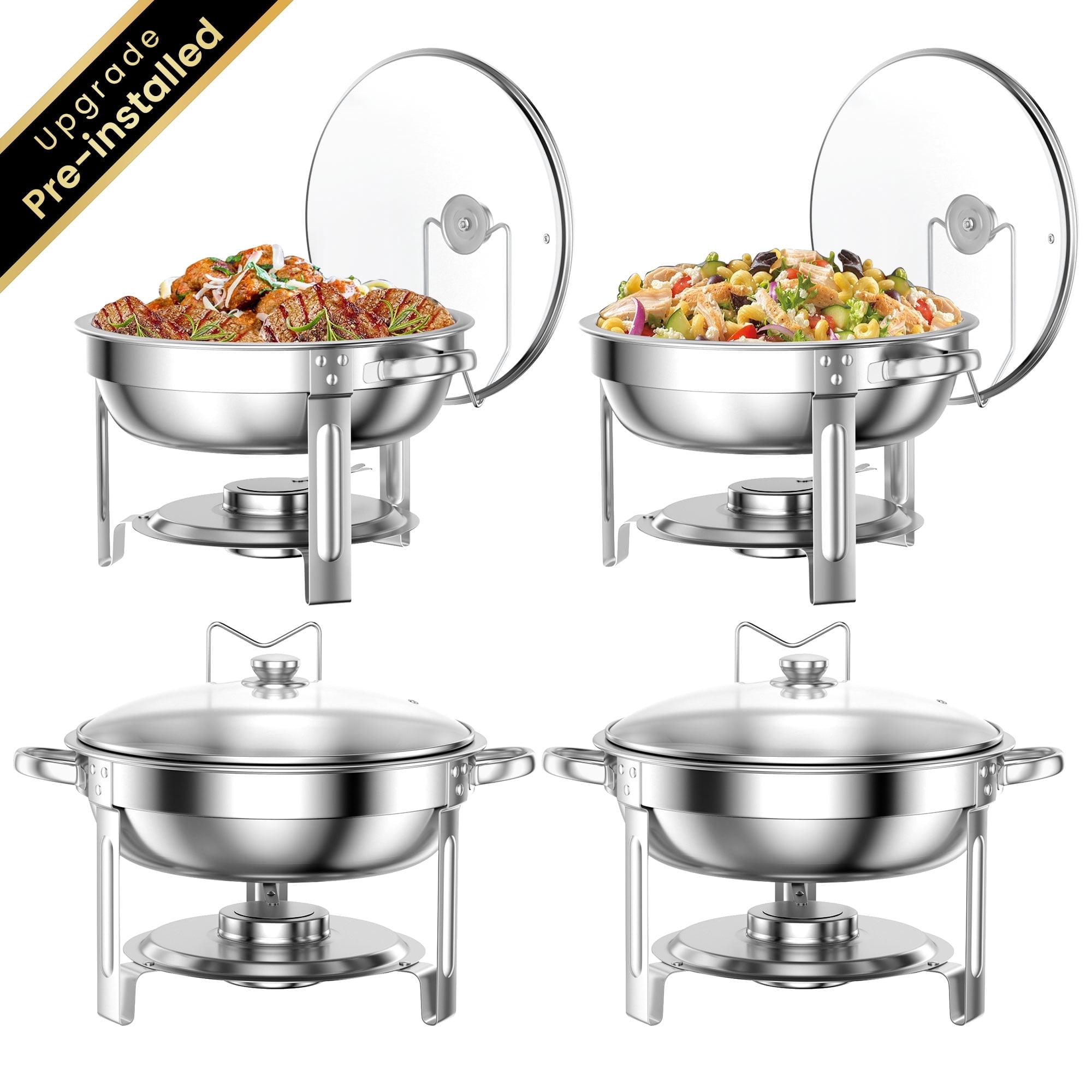 TINANA Stainless Steel Chafing Dish Buffet Set with Glass Lid and Lid Holder (Silver, 5 qt, 4 Pack) hxdin