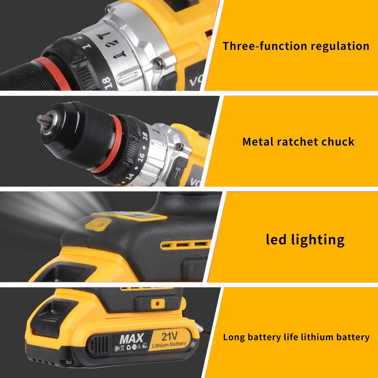 Euur 21V Brushless Cordless Power Drill Set with Battery, Charger, and 26-Piece Accessory Kit (Yellow, 3/8 in Chuck) twn5s