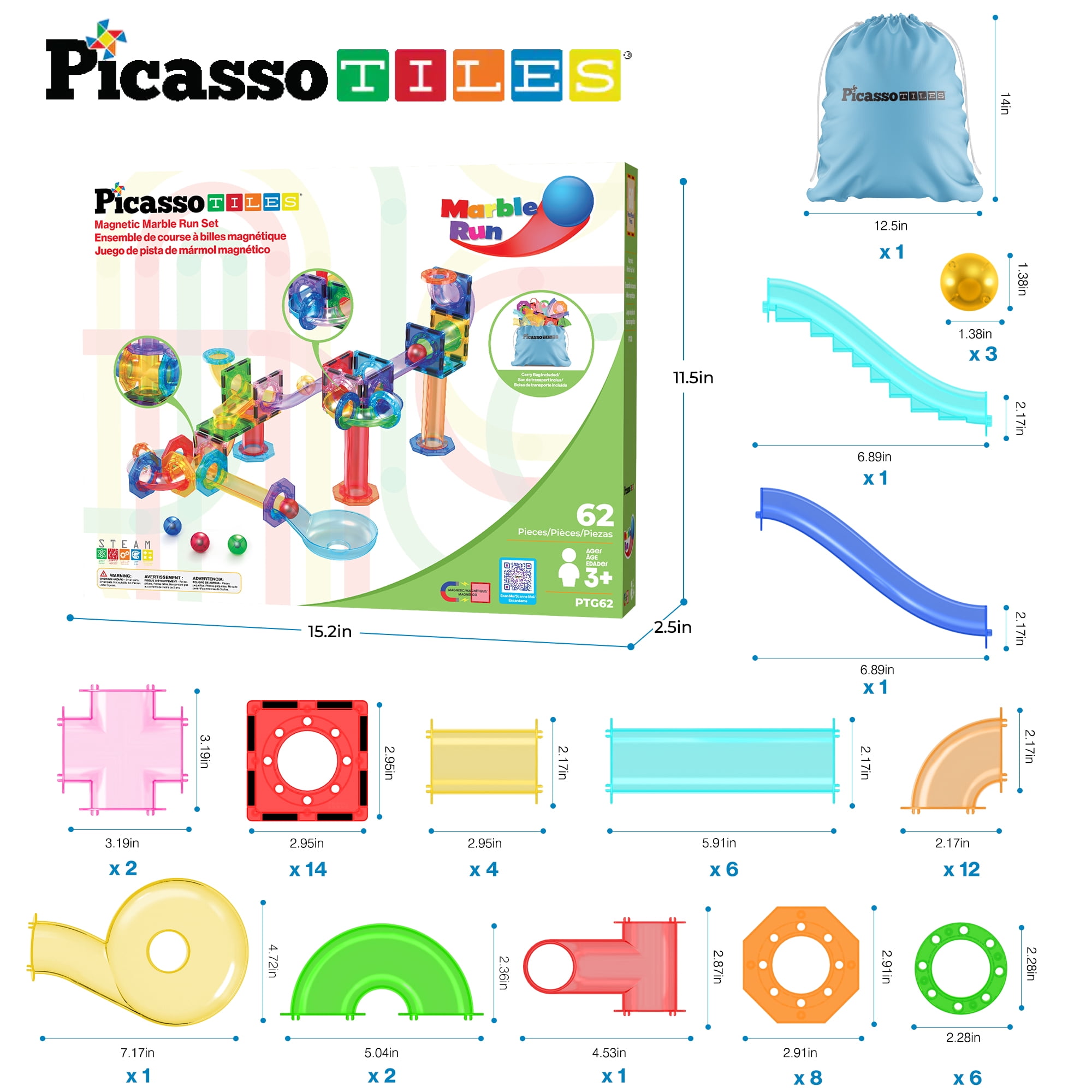 PicassoTiles Magnetic Marble Run Construction Set (62 Pieces) m6w5z