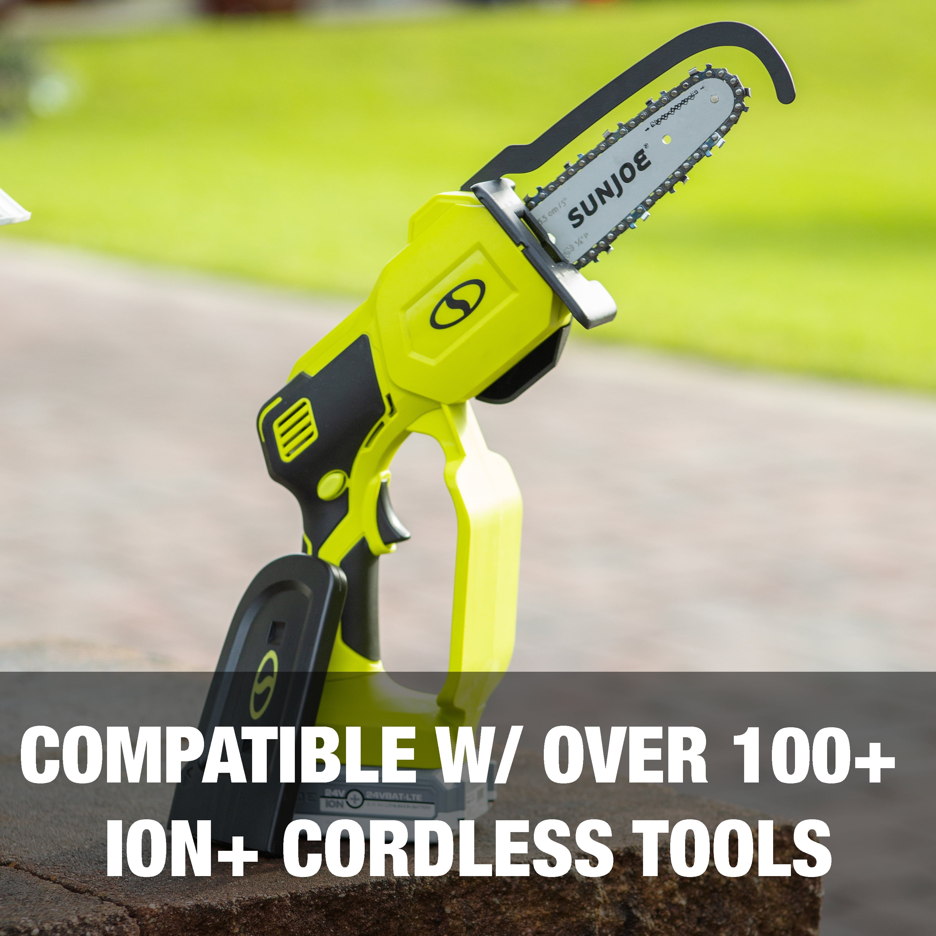 Sun Joe 24V Cordless 5-inch Handheld Pruning Chainsaw with 2.0-Ah Battery and Charger (Green, 5.5 lb) 0iult