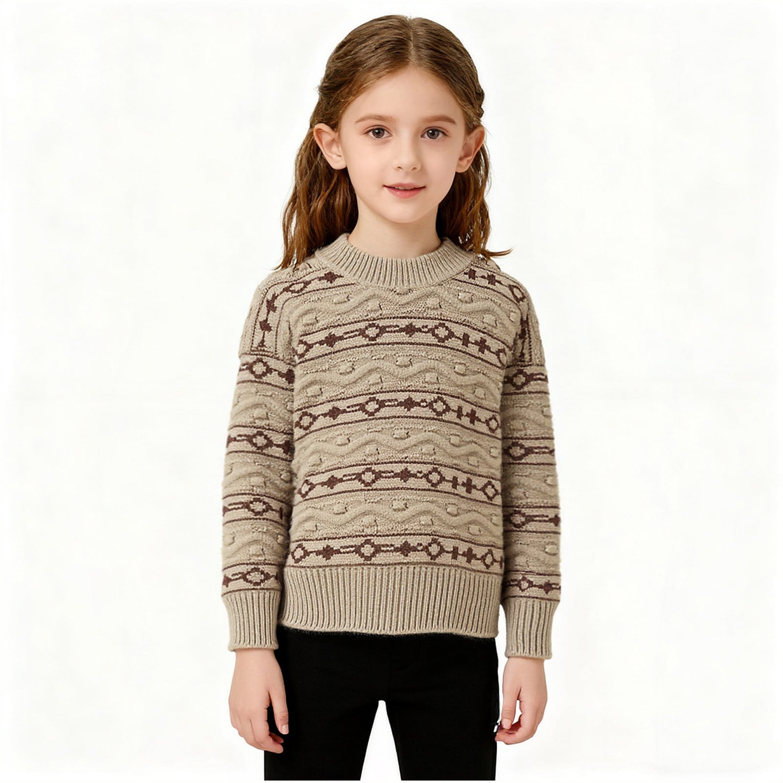 YHAJDS Kids Knitted Cable Sweater Striped Long Sleeve Pullover (Beige, 6-7 Years) uy1ov