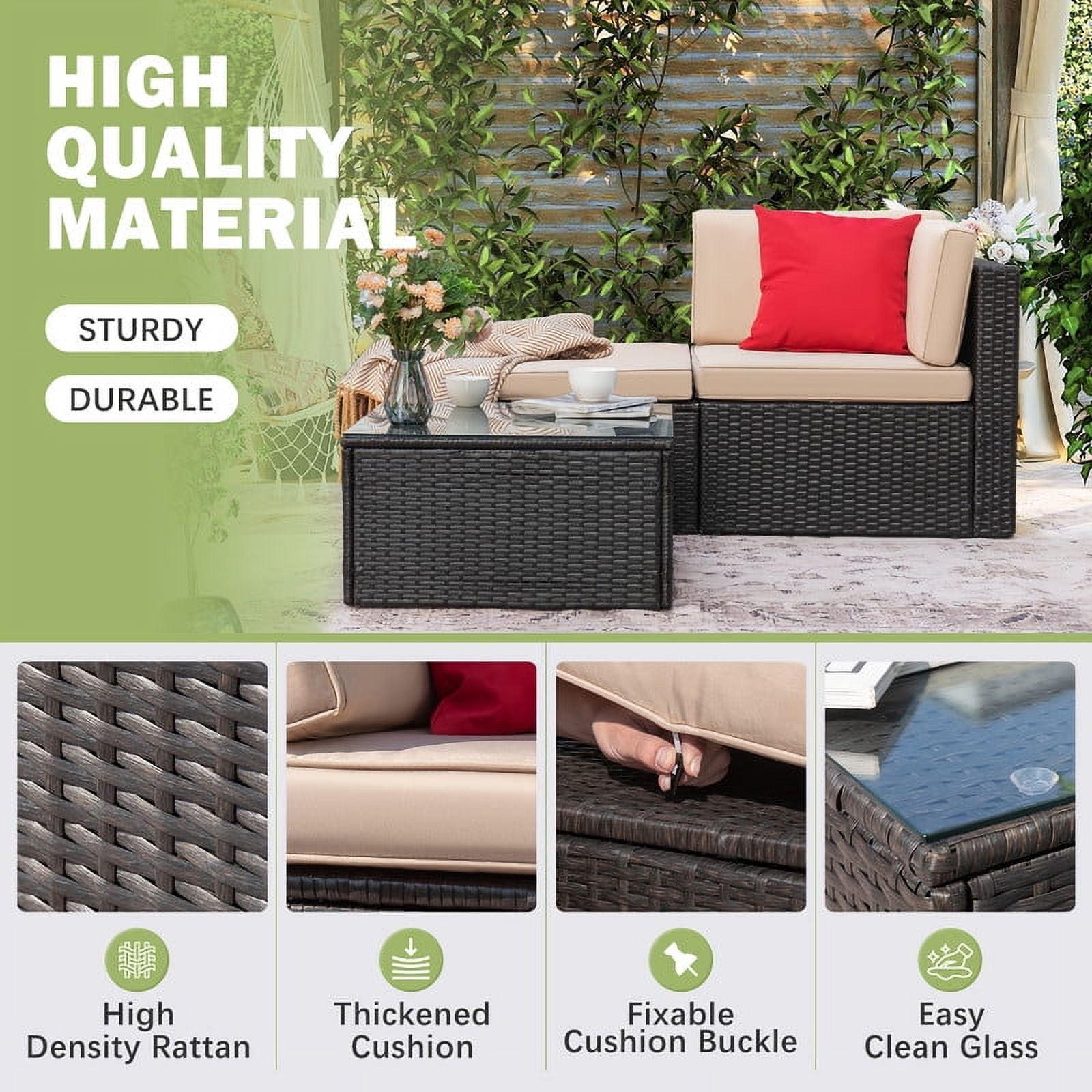 Devoko Outdoor Sectional Sofa PE Rattan Patio Furniture Set with Cushions and Table (Beige) wqmo3