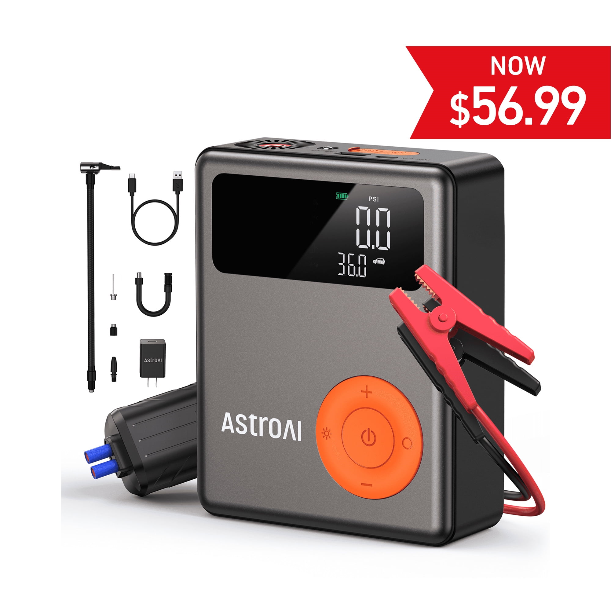 AstroAI Portable Jump Starter with Air Compressor, 1750A Peak 12V Battery Booster and Tire Inflator (Orange, 6.1 x 4.9 x 1.9 in) egn80
