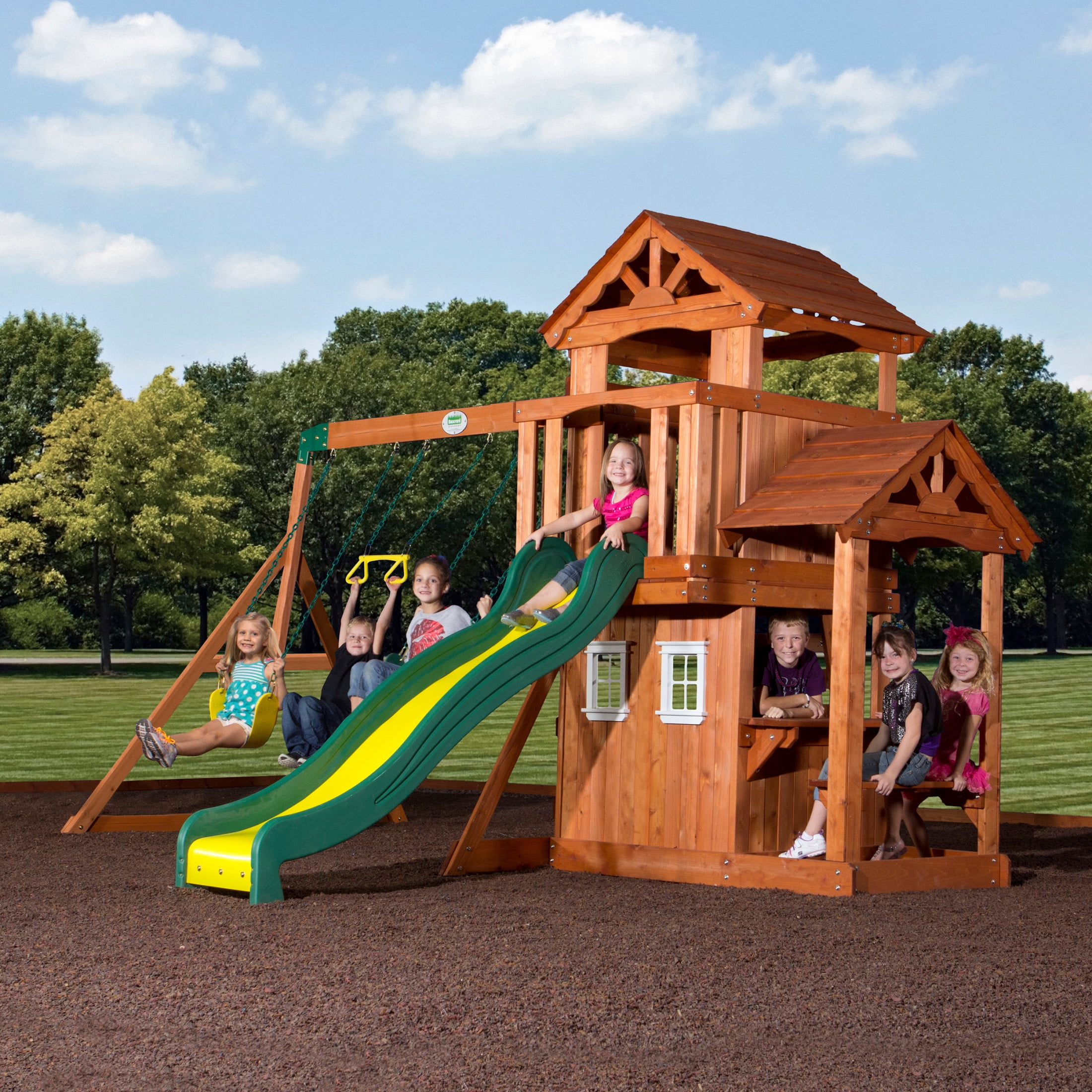 Adventure Playsets Tanglewood Cedar Wood Swing Set with Clubhouse, Slide, and Snack Bar (Large) ph957