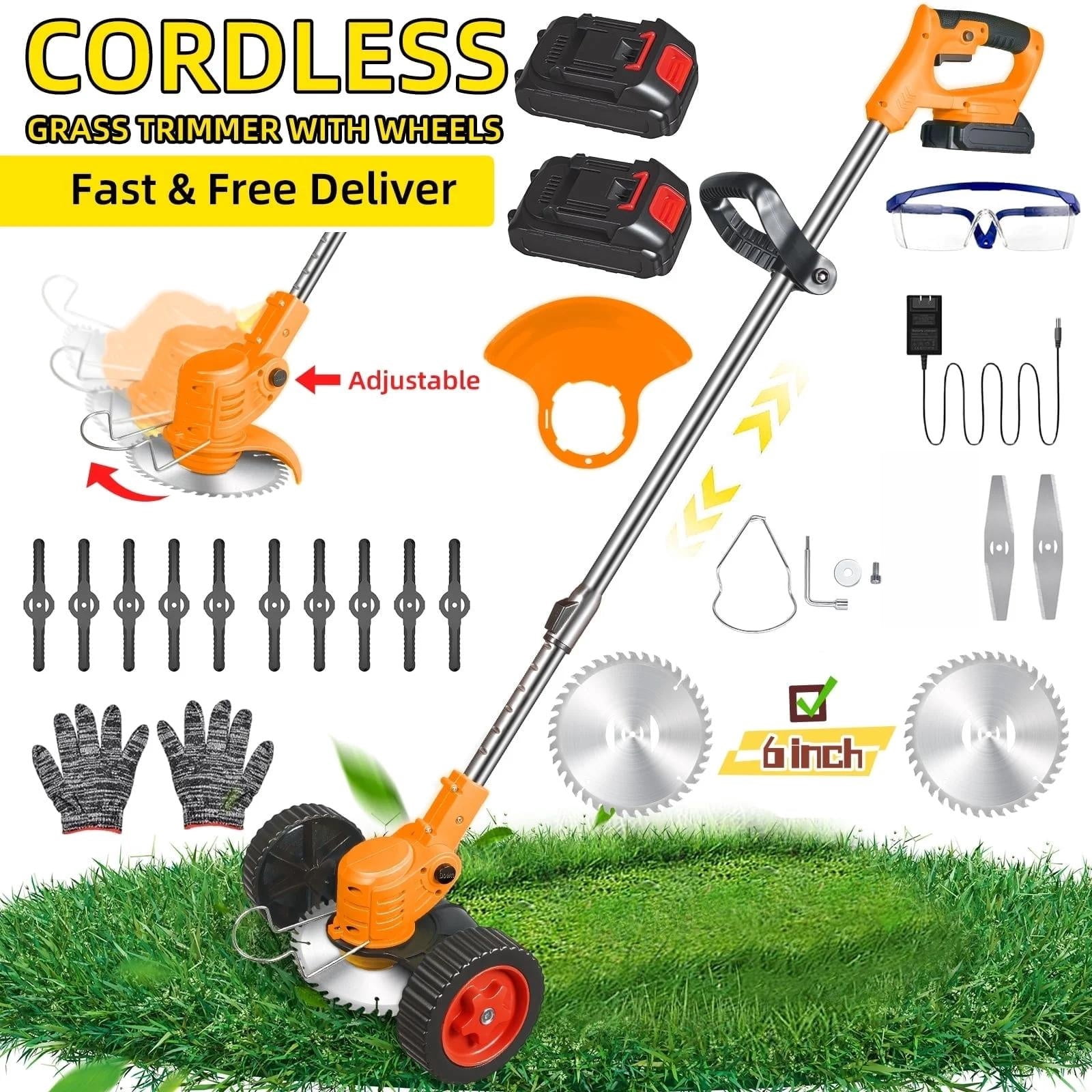 KingFurt Cordless String Trimmer with Wheels, 3-in-1 Lawn Edger and Brush Cutter (Yellow, 31 in to 45 in) a88dr