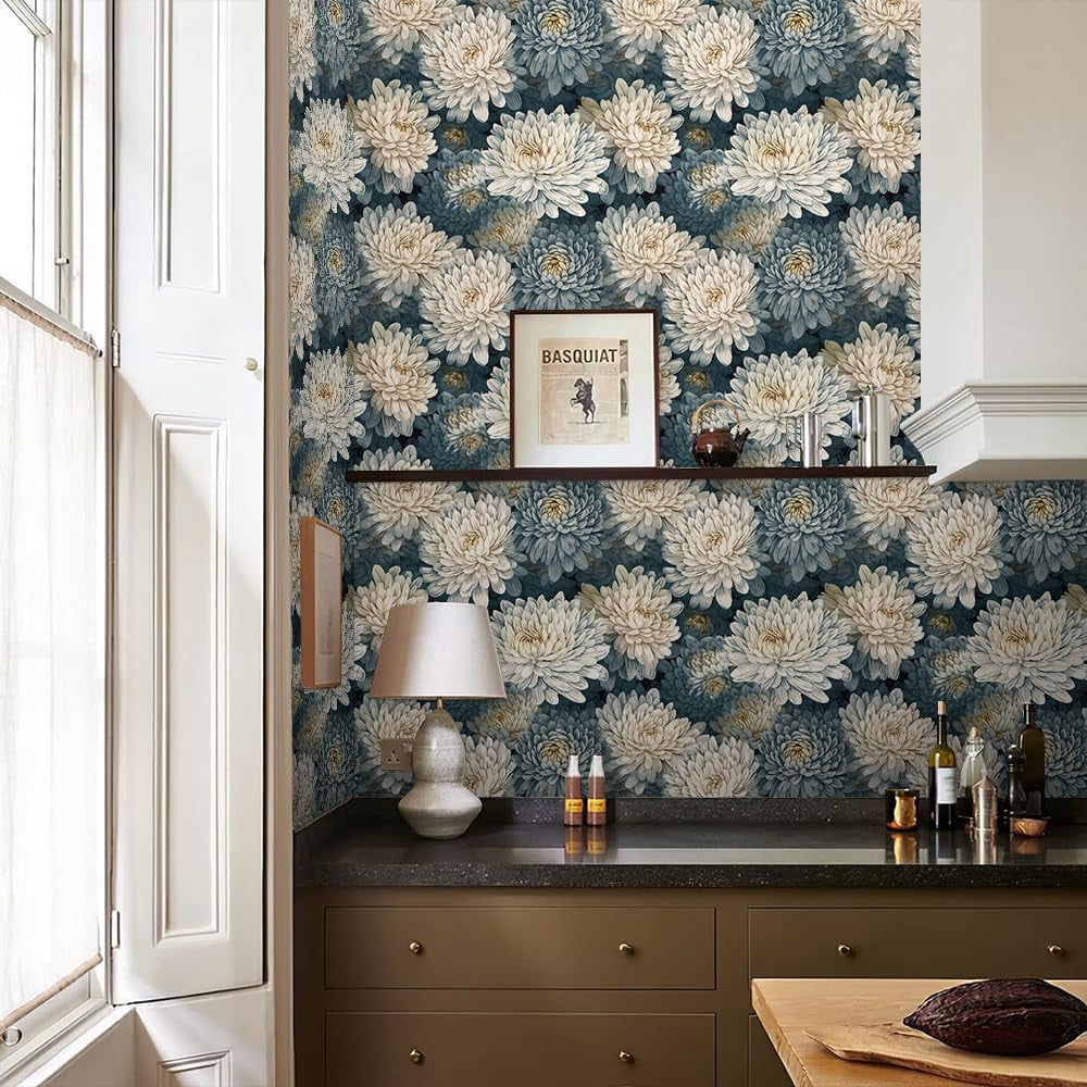 Usachibb Floral Peel and Stick Wallpaper Vintage Navy Botanical Contact Paper for Furniture and Walls (White, 17.7 in x 118.1 in) 80m28