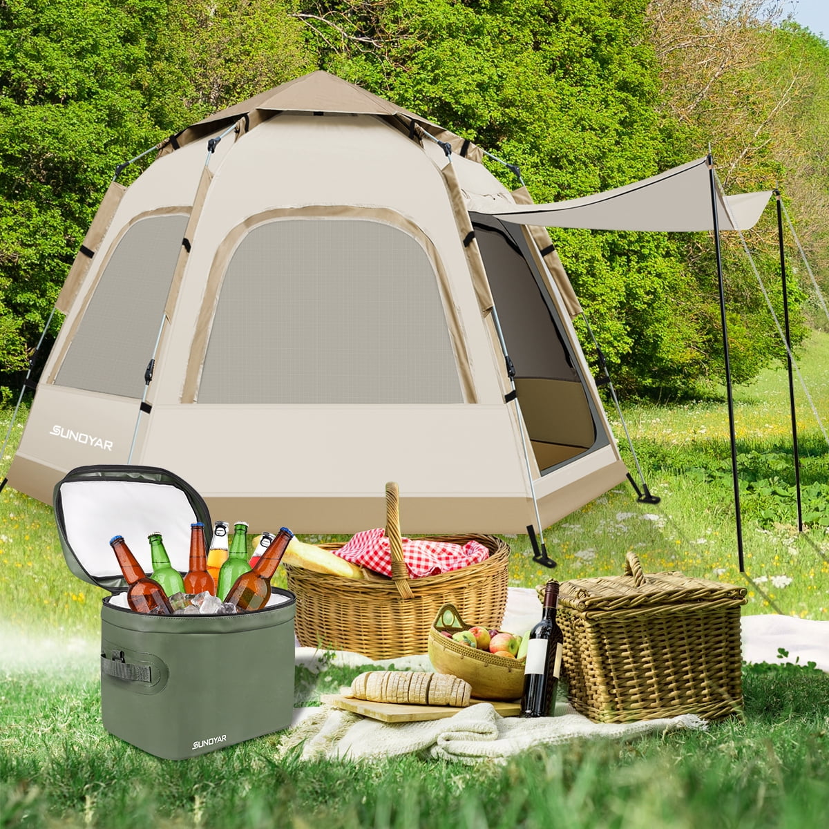 Sunoyar 4-6 Person Camping Tent, Waterproof Instant Outdoor Shelter with Carry Bag (Beige, 110 in x 94 in) vhm4f
