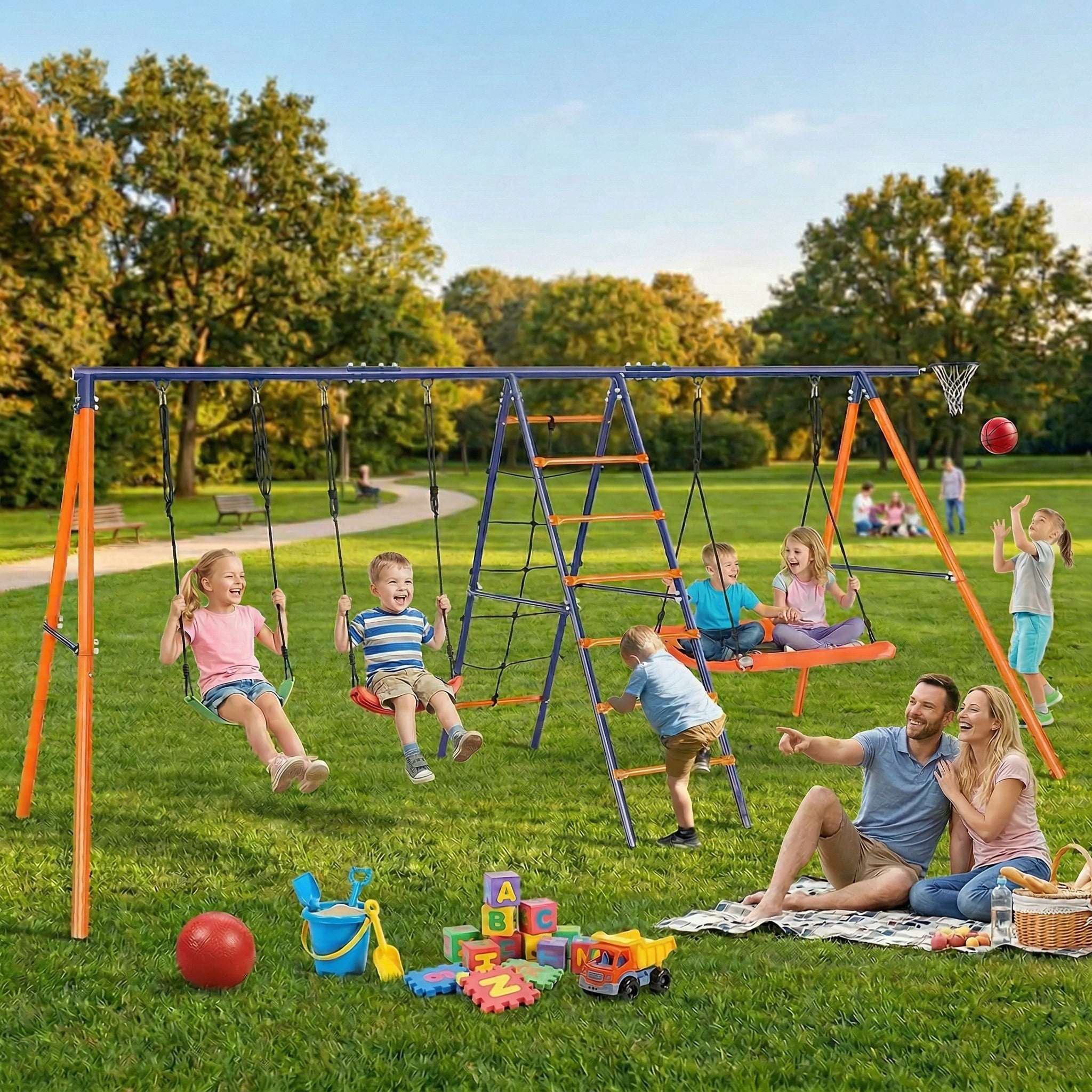 Veeboto 6-in-1 Outdoor Swing Set, Heavy-Duty Metal Backyard Playground with Climbing Ladder and Basketball Hoop (Orange, 700 lb Capacity) fn8wc