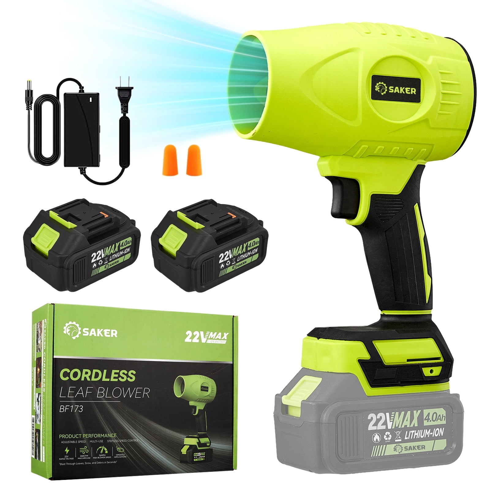 Saker Electric Cordless Leaf Blower with Adjustable Speed and Dual 4.0Ah Batteries (Green, 2.2 lb) izxl9