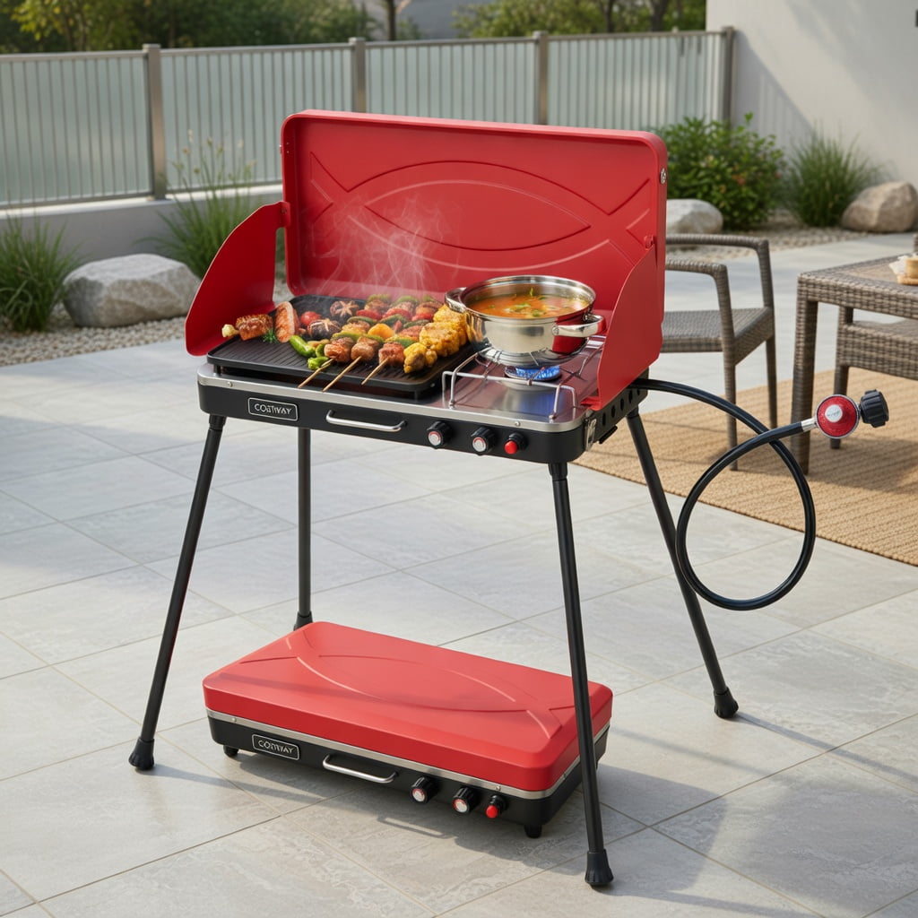 Resenkos 2-in-1 Portable Gas Camping Grill and Stove (Red, 23 in x 11.5 in x 8.5 in) bg87i