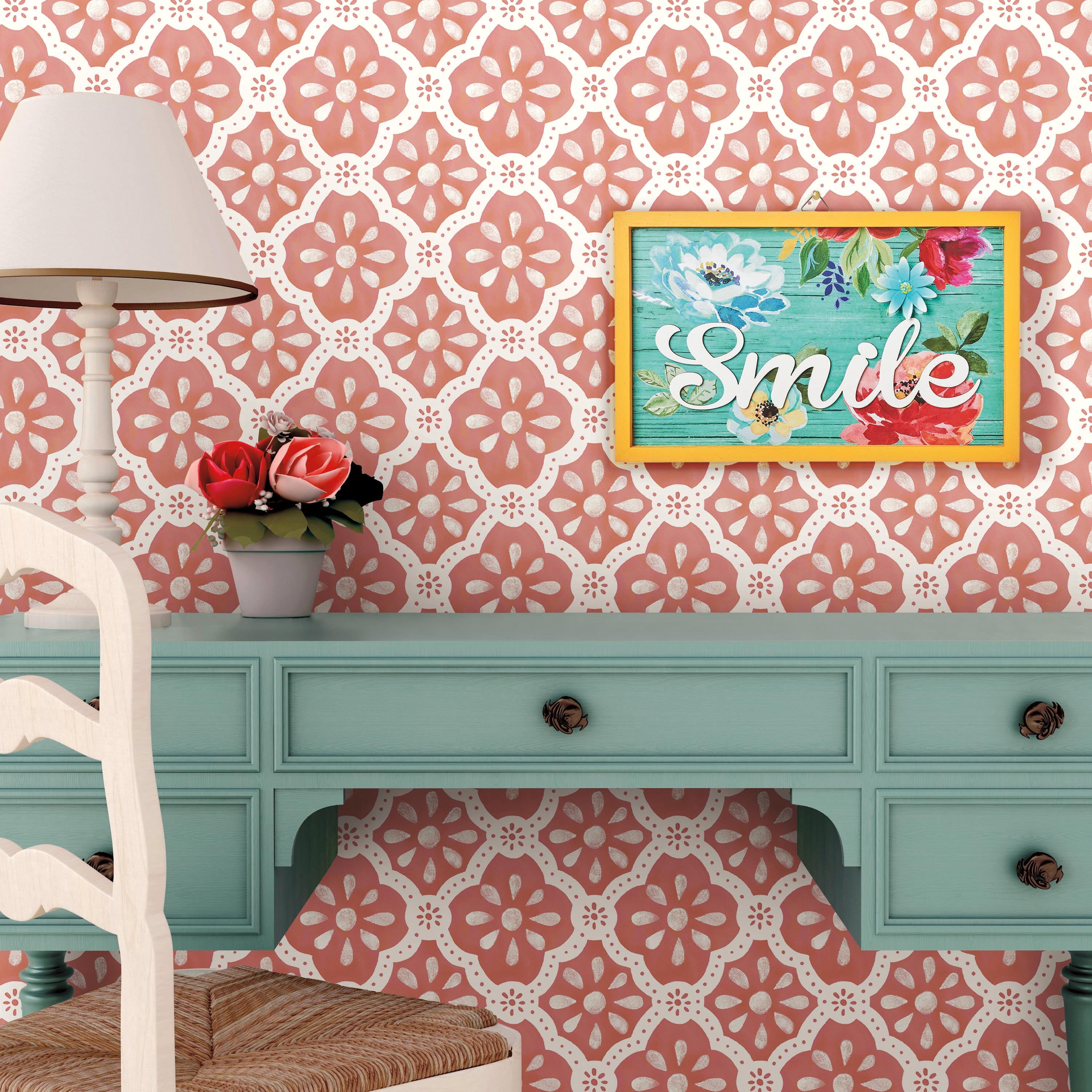 The Pioneer Woman Peel and Stick Wallpaper, Washy Trellis Pattern (Pink Salmon, 18 in x 18.86 ft) yuq33