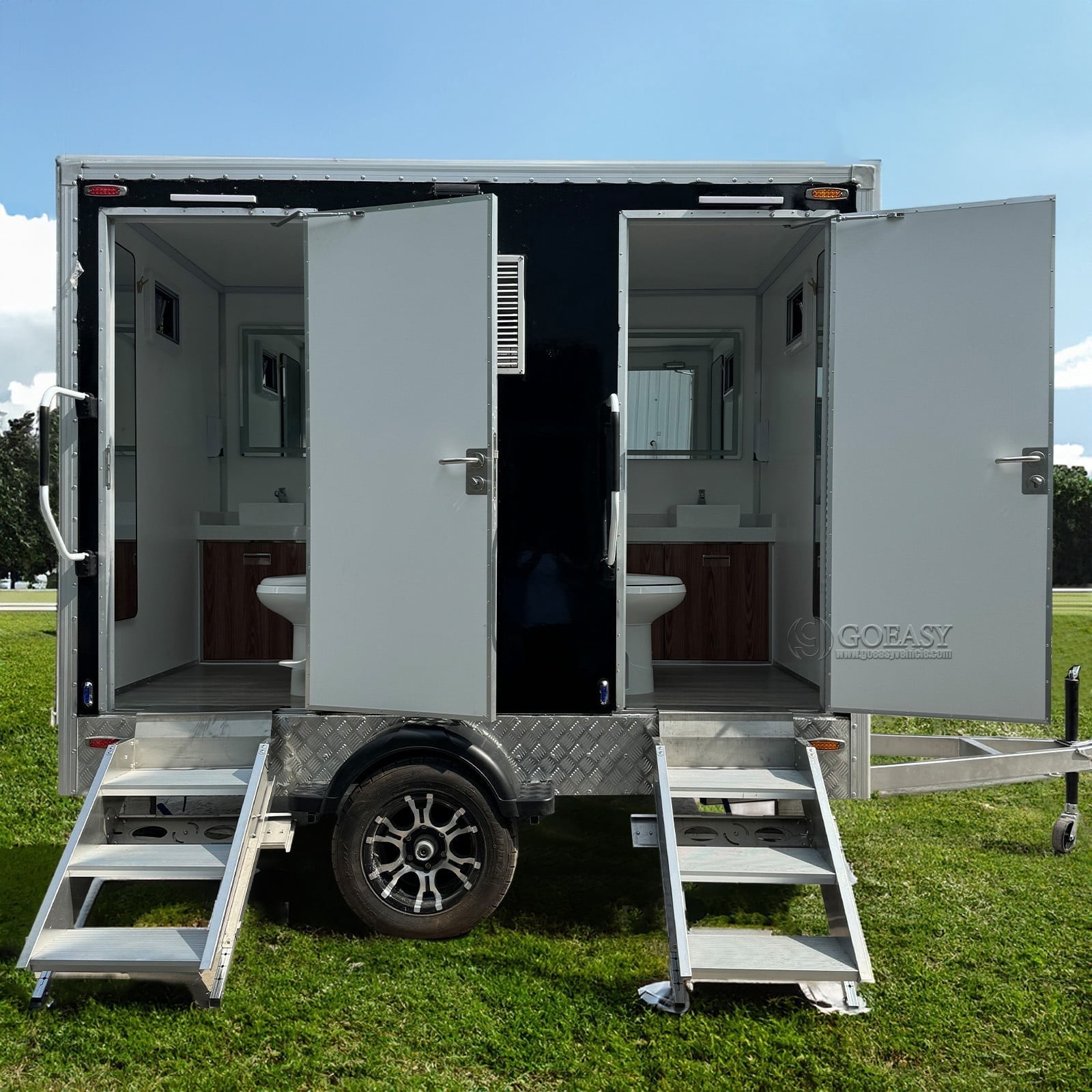 Goeasy Vehicle Black Series Dual-Stall Luxury Mobile Restroom Trailer with Sink (Black, 2-Stall) u9z77