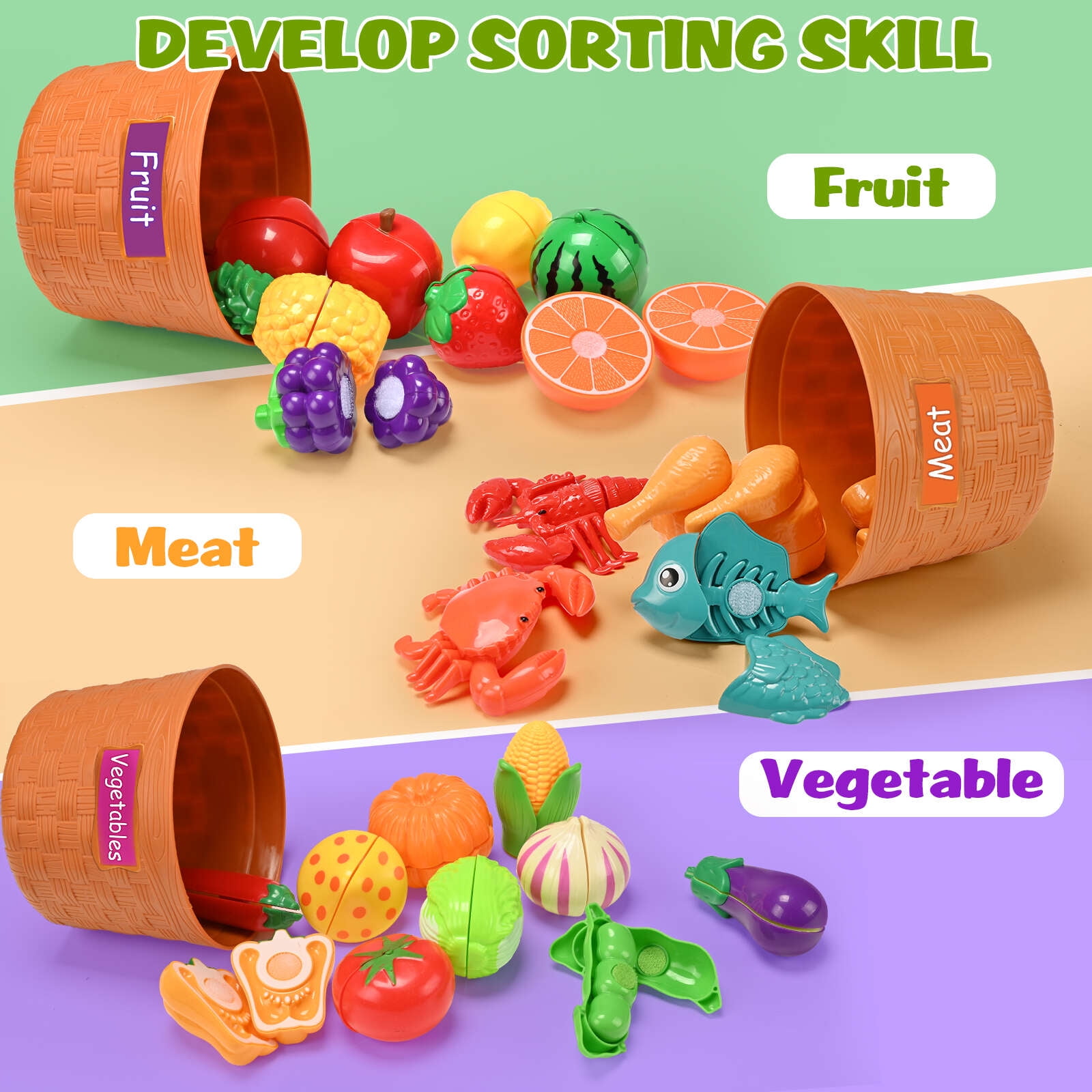 IYHN Pretend Play Food Set for Toddlers, Educational Kitchen Cutting Toys with Sorting Baskets (Multicolor, 86 Piece Set) z38oo