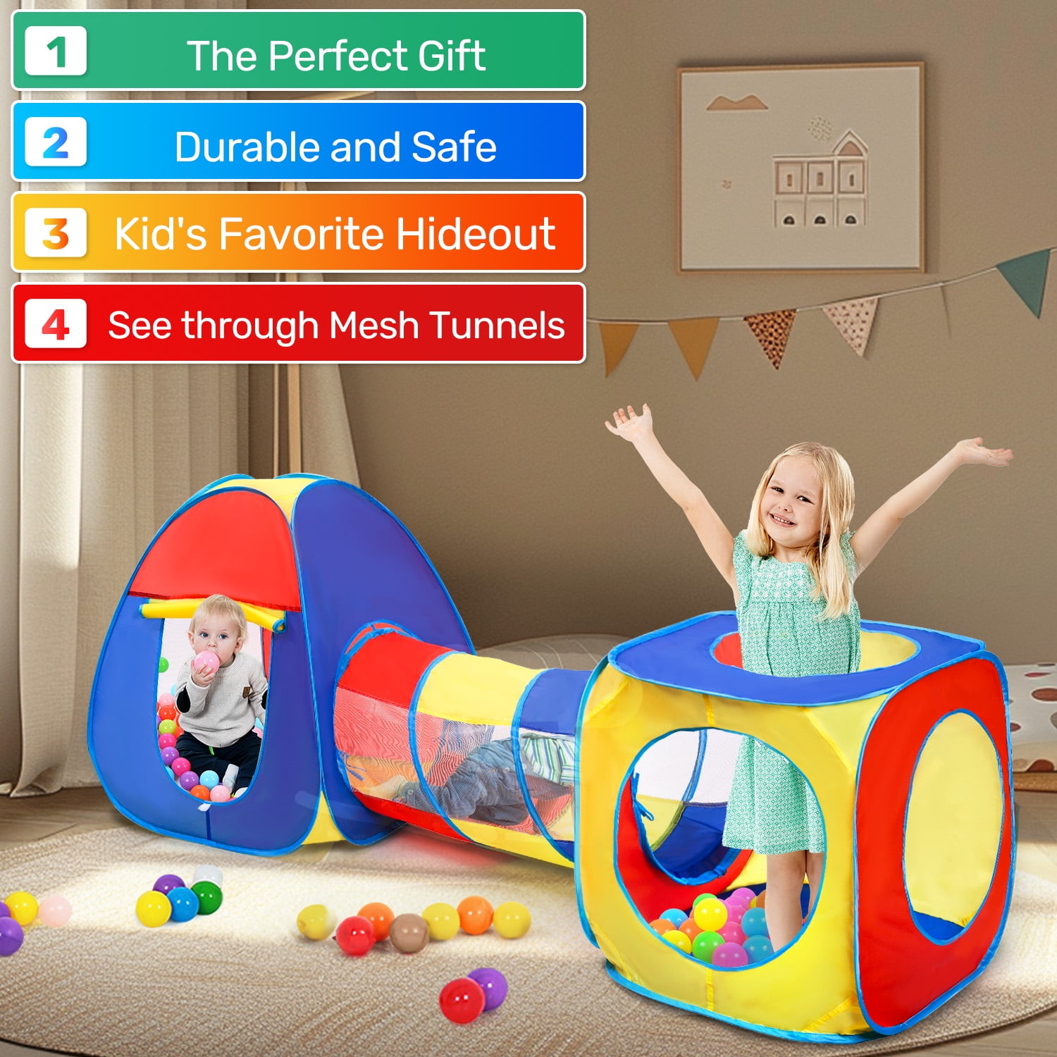 JoyStone Kids Pop Up Play Tent and Tunnel Set, Collapsible Indoor and Outdoor Jungle Gym (Multicolor, 3-Piece Set) 43nip