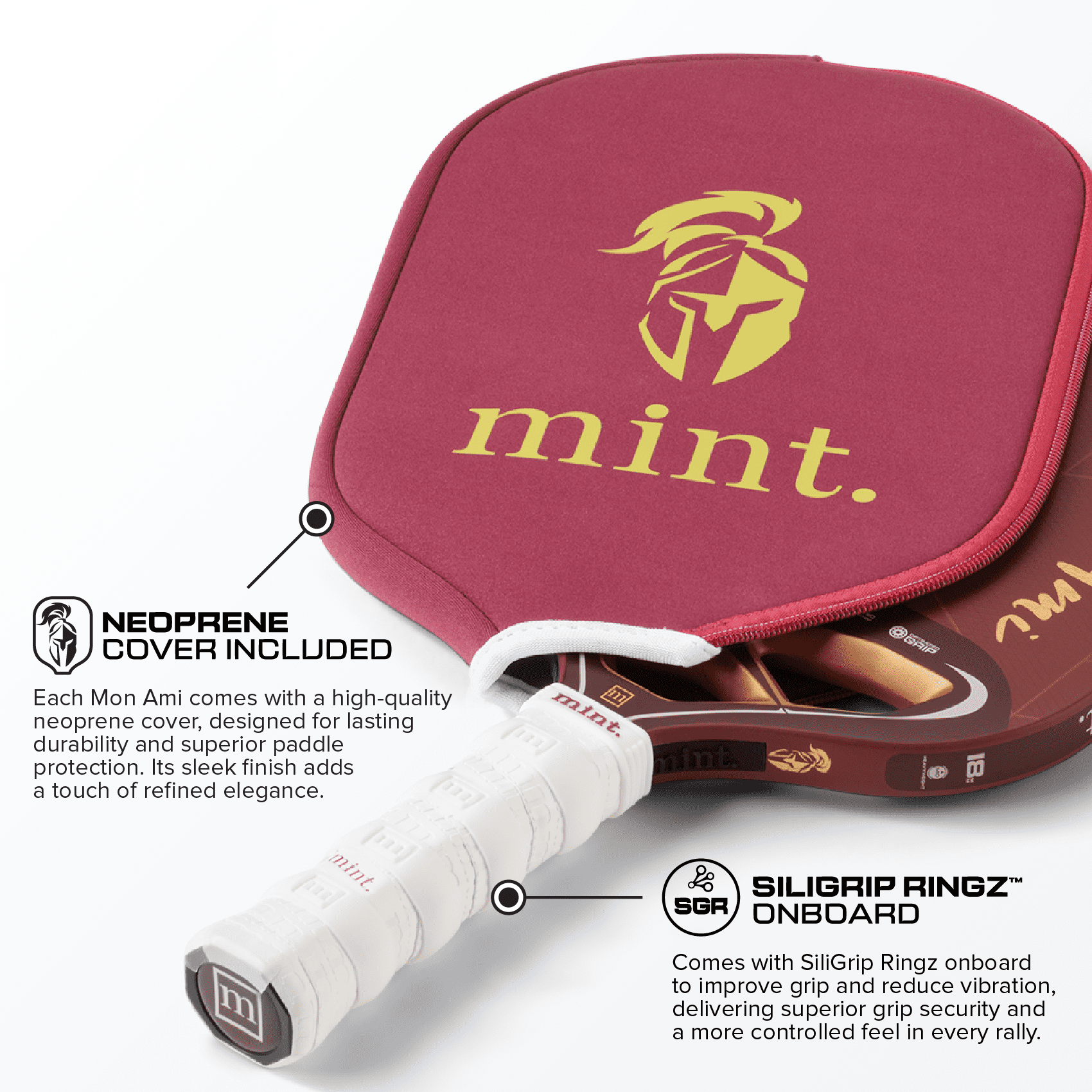 Mint Mon Ami Pickleball Paddle, Kevlar and Carbon Fiber Hybrid, Edgeless Design with 3D Textured Surface (Red, 18mm) enegg