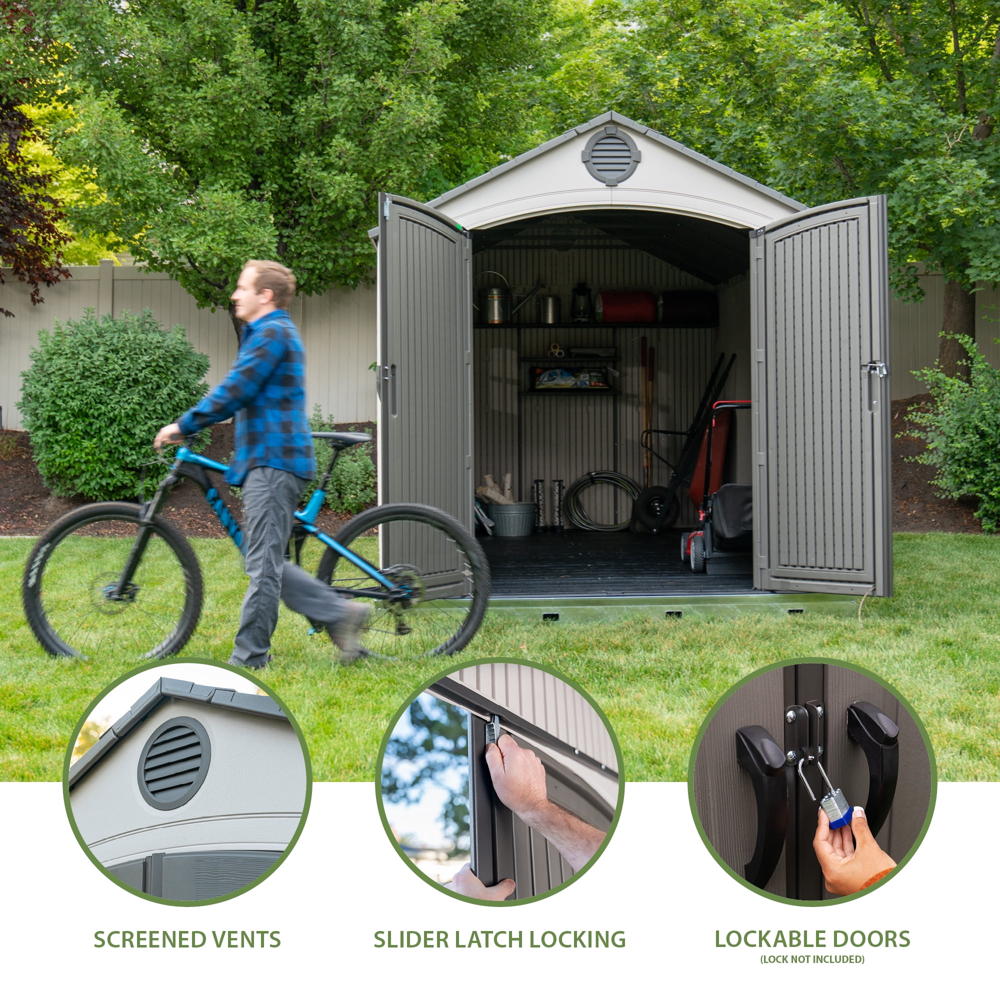 LIFETIME Outdoor Storage Shed, Heavy-Duty Weather-Resistant Polyethylene, Lockable Doors (Tan and Brown, 8 ft x 15 ft) 11so5