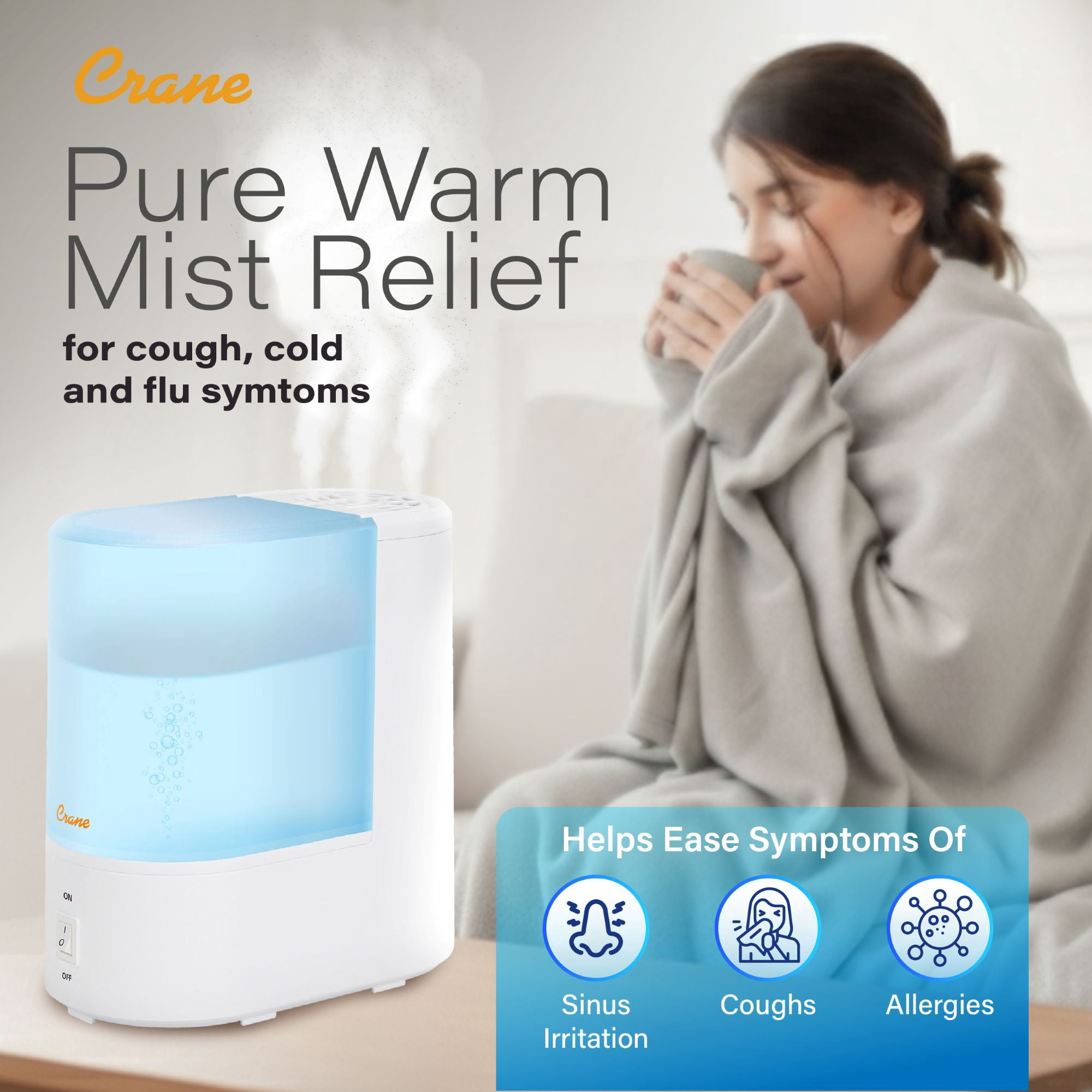 Crane Warm Mist Humidifier, Quiet Ultrasonic Steam Vaporizer for Bedroom and Home (Blue, 0.5 Gallon) h1px3
