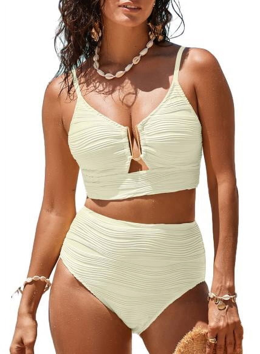Eytino Women's High Waisted Bikini Set Tummy Control Ruched Two Piece Swimsuit (Beige, S) taj0s