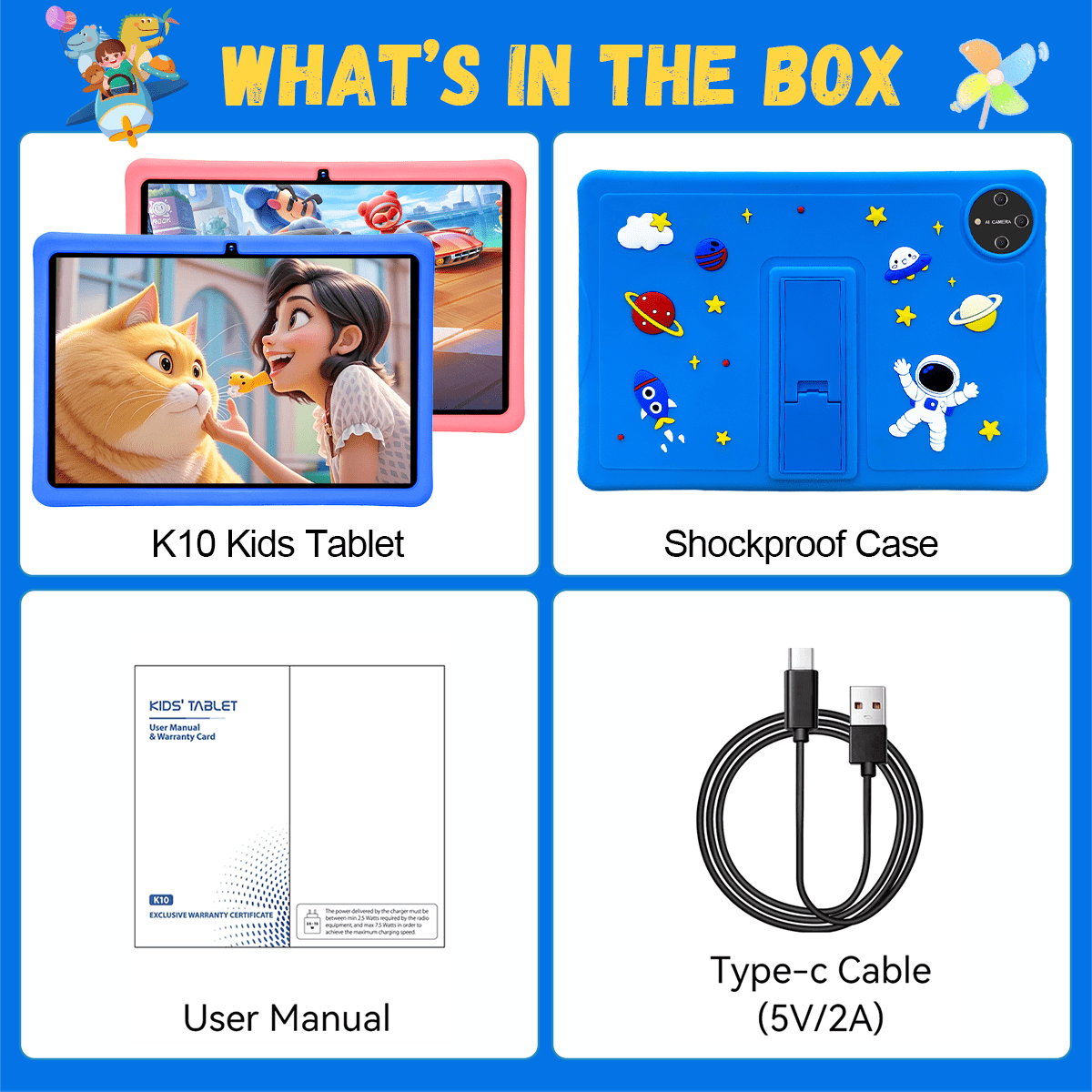 SHOUDUM Kids Tablet 10 in Android 15 Educational Learning Device with Shockproof Case (Blue, 128GB) 0vt29