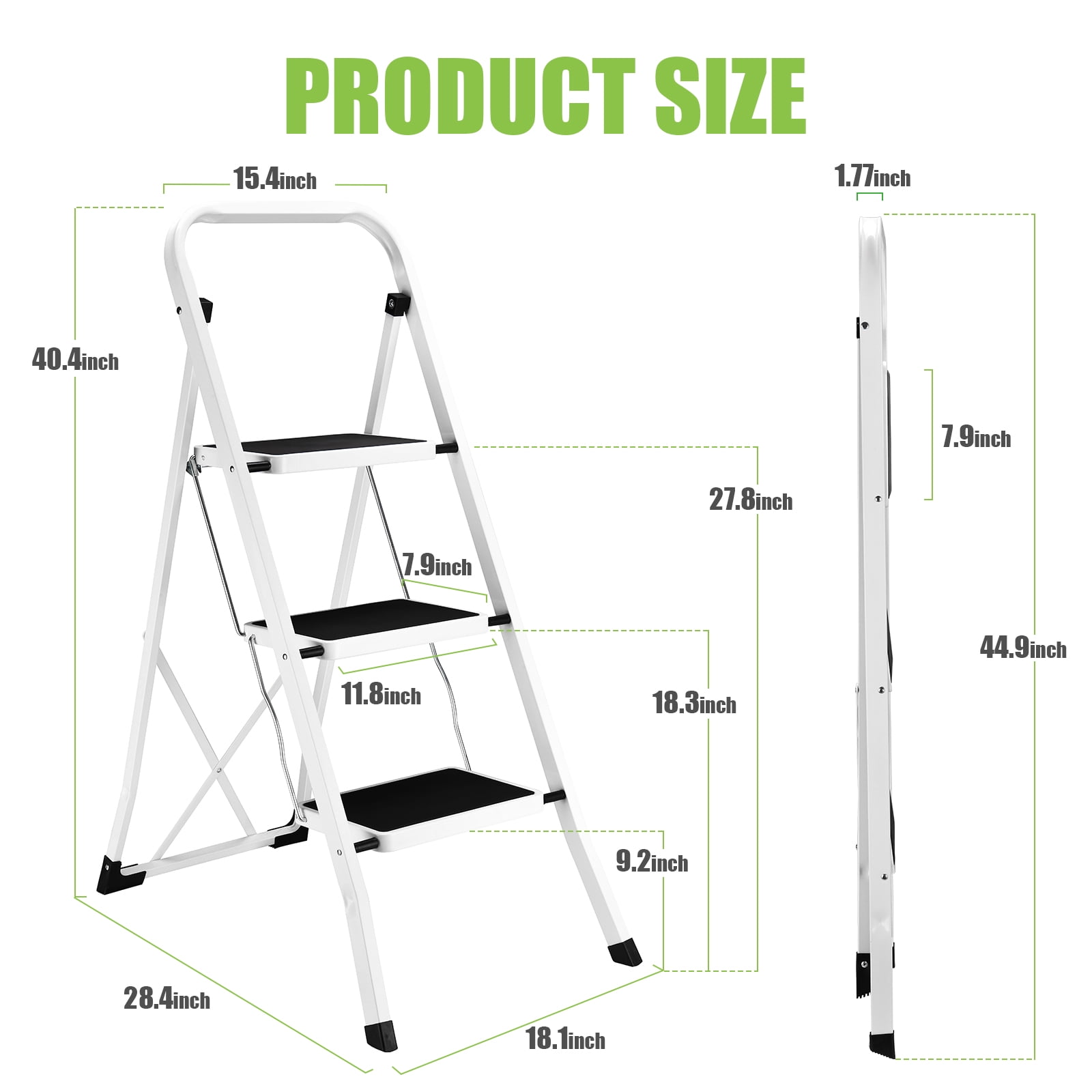 HBTower 3 Step Ladder, Folding Step Stool with Anti-Slip Pedals and Handrails, Heavy-Duty Steel Frame (White, 330 lb Capacity) ydqro