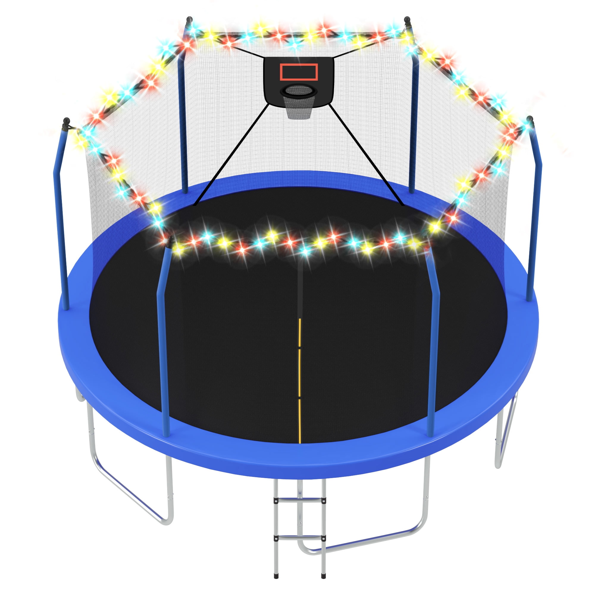 Euroco 14ft Outdoor Round Trampoline with LED Lights, Basketball Hoop, Enclosure Net & Ladder (Blue, 14 ft) 9qv5v