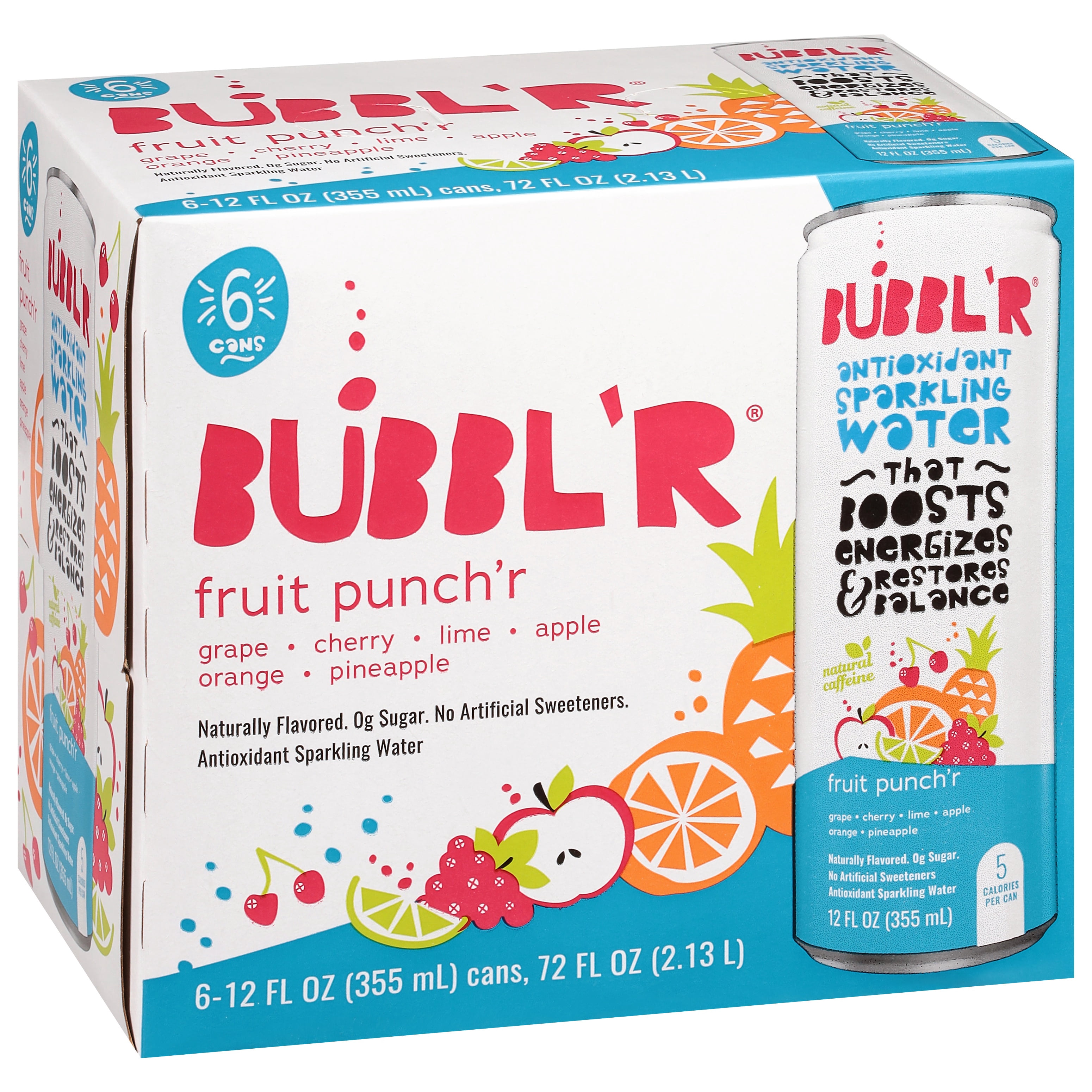 BUBBL'R Antioxidant Sparkling Water, Fruit Punch'r, Refreshing Natural Energy Drink (Fruit Punch, 6 Pack of 12 fl oz) yz2yu