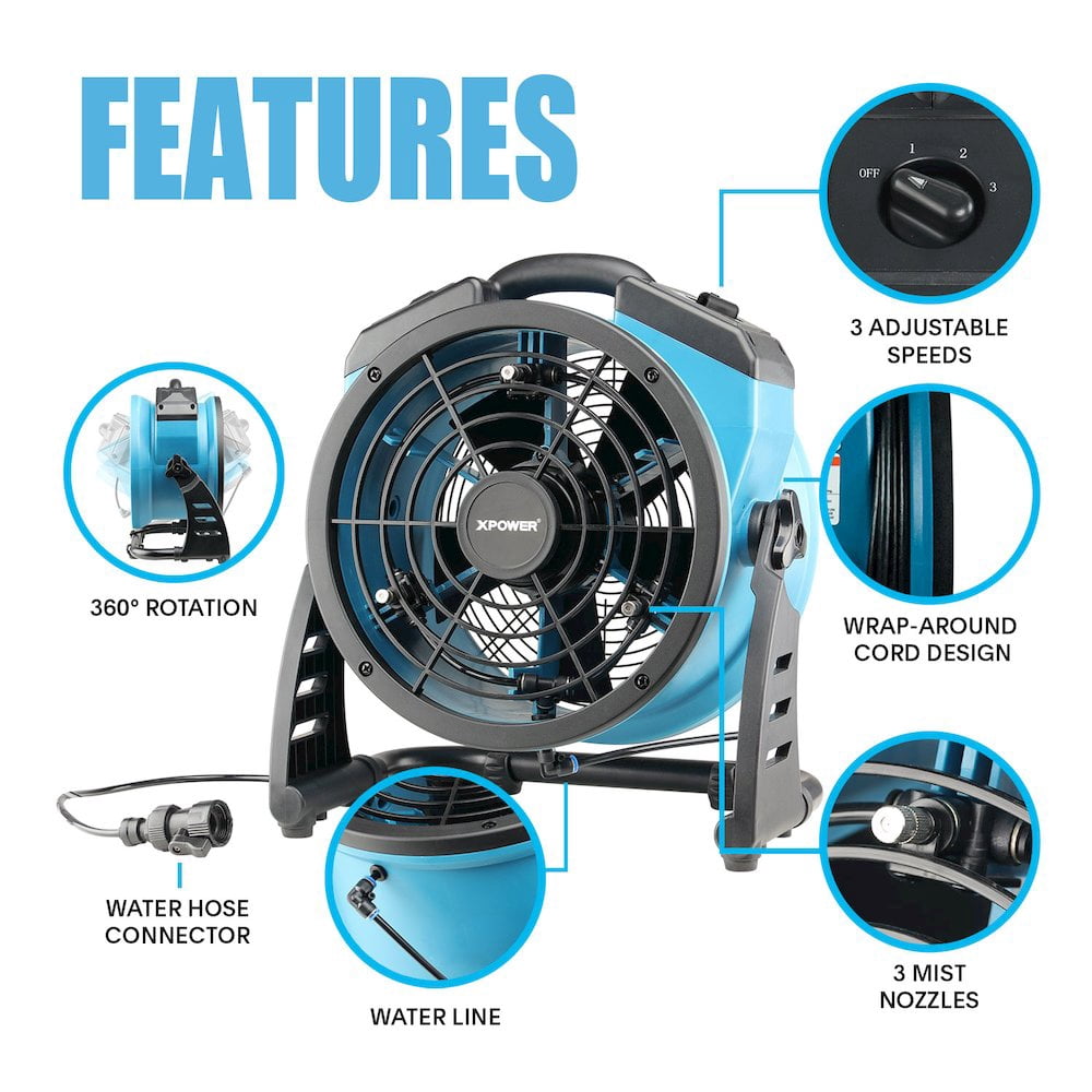 XPOWER FM-65 Portable 3-Speed Outdoor Misting Fan and High Velocity Air Circulator (Black, 1 Unit) atd27