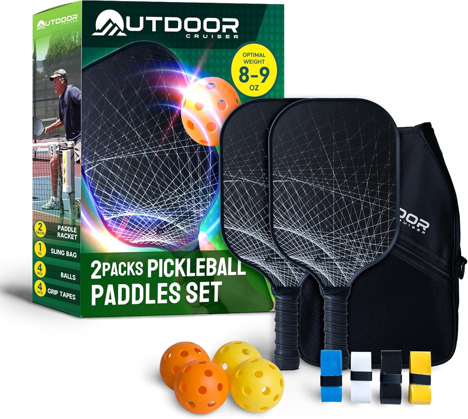OutdoorCruiser Pickleball Racket Set Carbon Fiber Lightweight Paddles with Honeycomb Core (Black, 2 Rackets, 4 Balls, 1 Sling Bag) psvry
