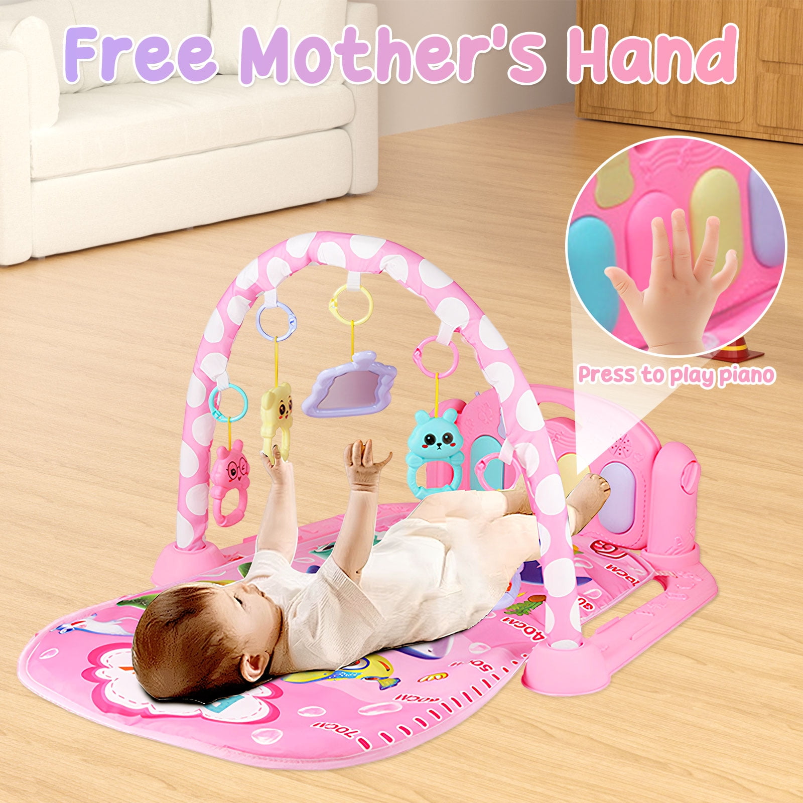 RICHYOUNG Baby Gym Play Mat 3-in-1 Musical Fitness Activity Center with Piano and Hanging Toys (Pink, 30 in x 22 in x 17 in) hbu2g