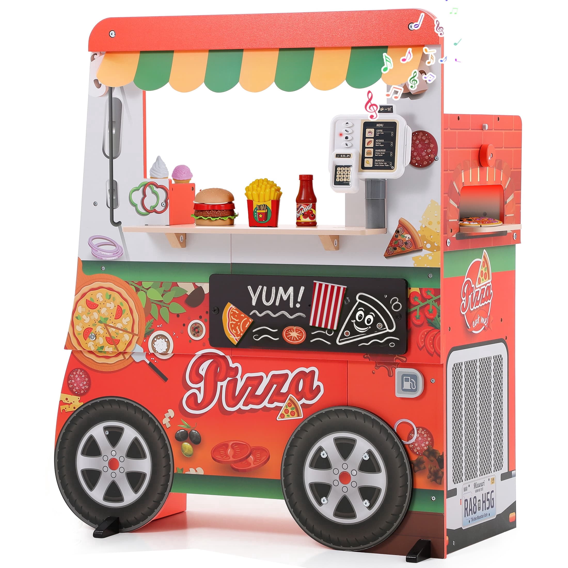 iYofe Wooden Food Truck Play Kitchen Set with Interactive Light and Sound (Red, 31.69 in x 18.1 in x 36.61 in) ilptb