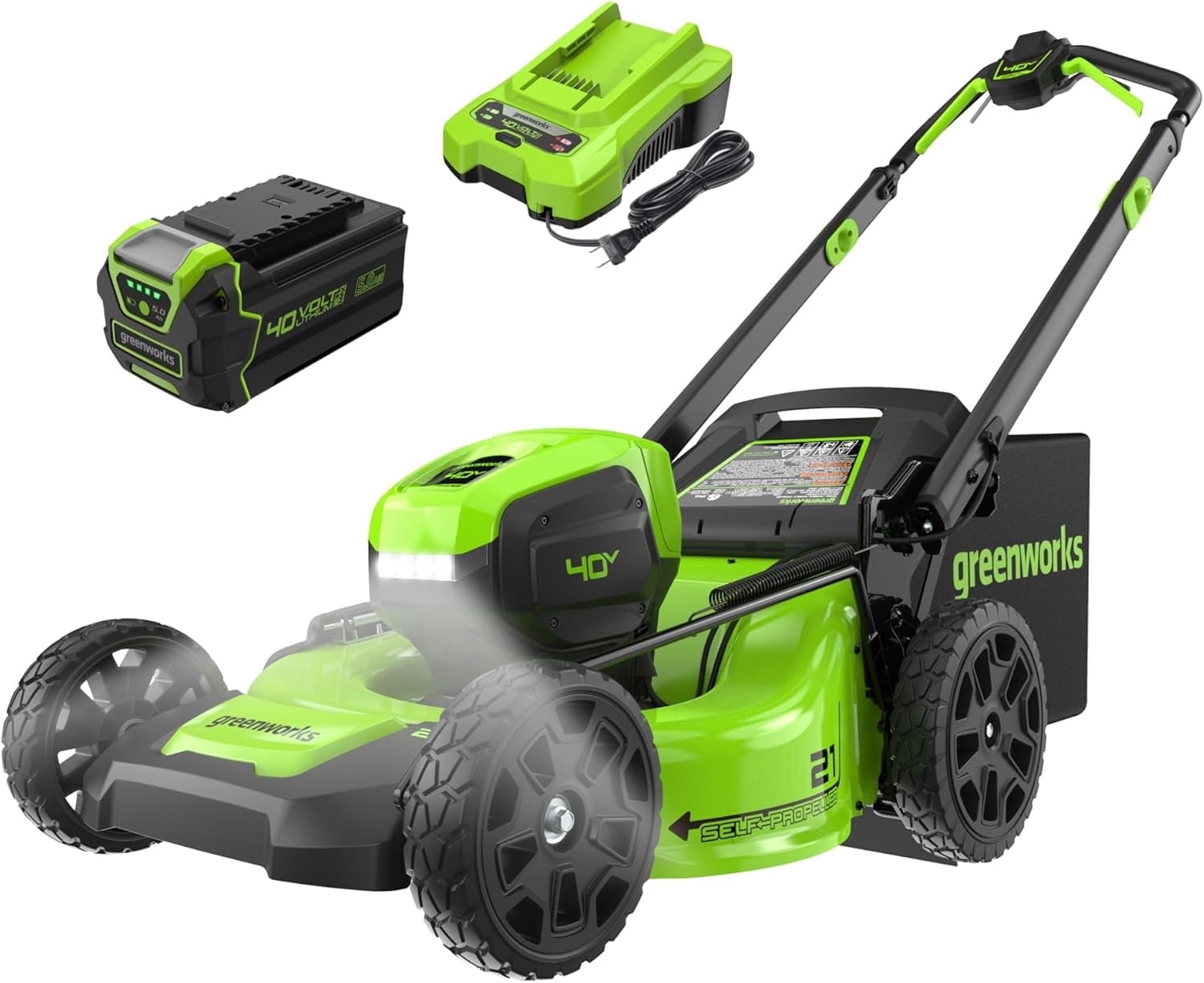 Greenworks 40V 21 in Brushless Cordless Self-Propelled Lawn Mower (LED Headlight, 5.0Ah Battery and Charger Included) mjuj8